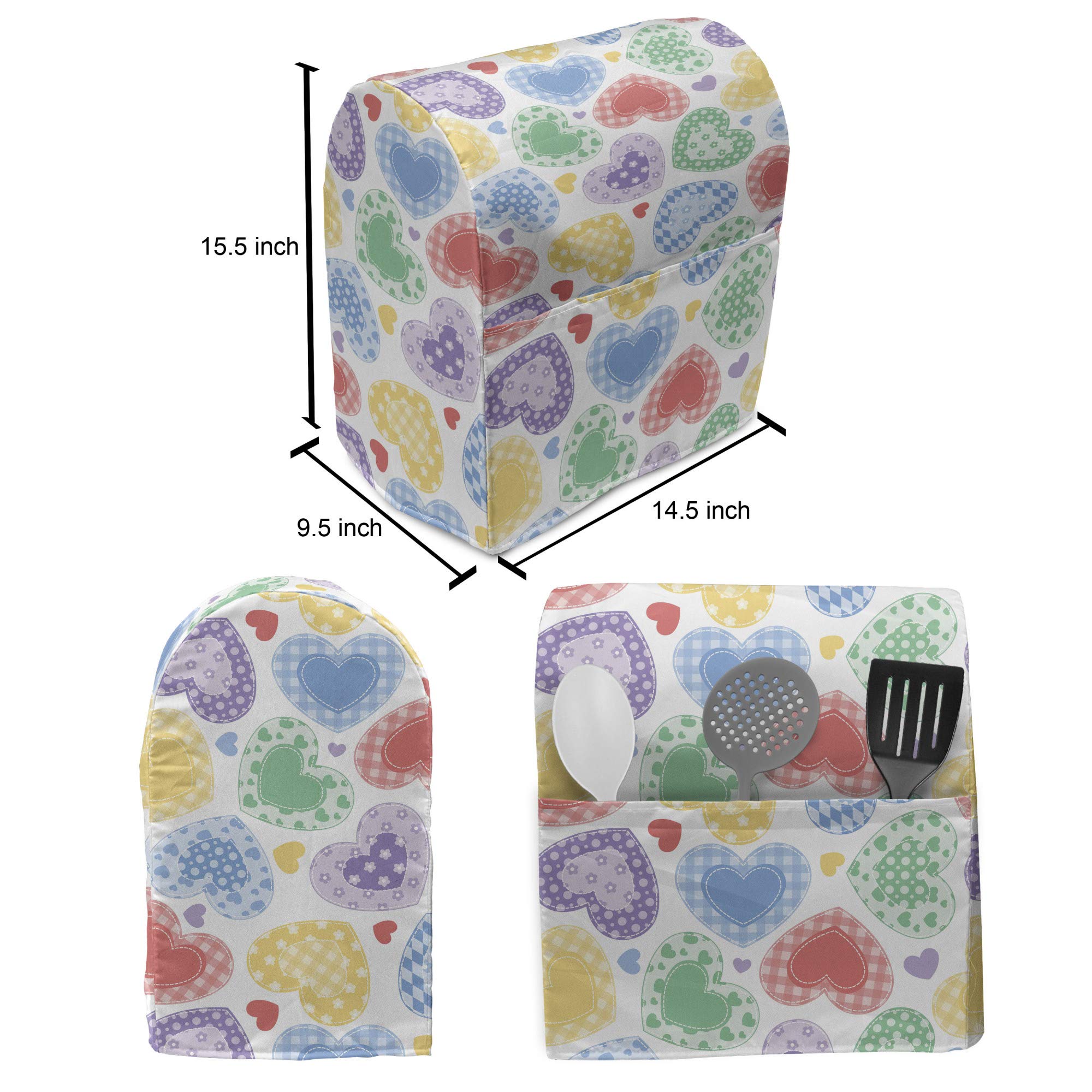 Ambesonne Love Stand Mixer Cover - Patchwork Hearts Design, White Backdrop, Romantic Valentine's Theme - 6-8 Quart Kitchen Appliance Organizer with Pocket - Perfect for Valentine's Day Gifts & Kitchen Organization (Multicolor)