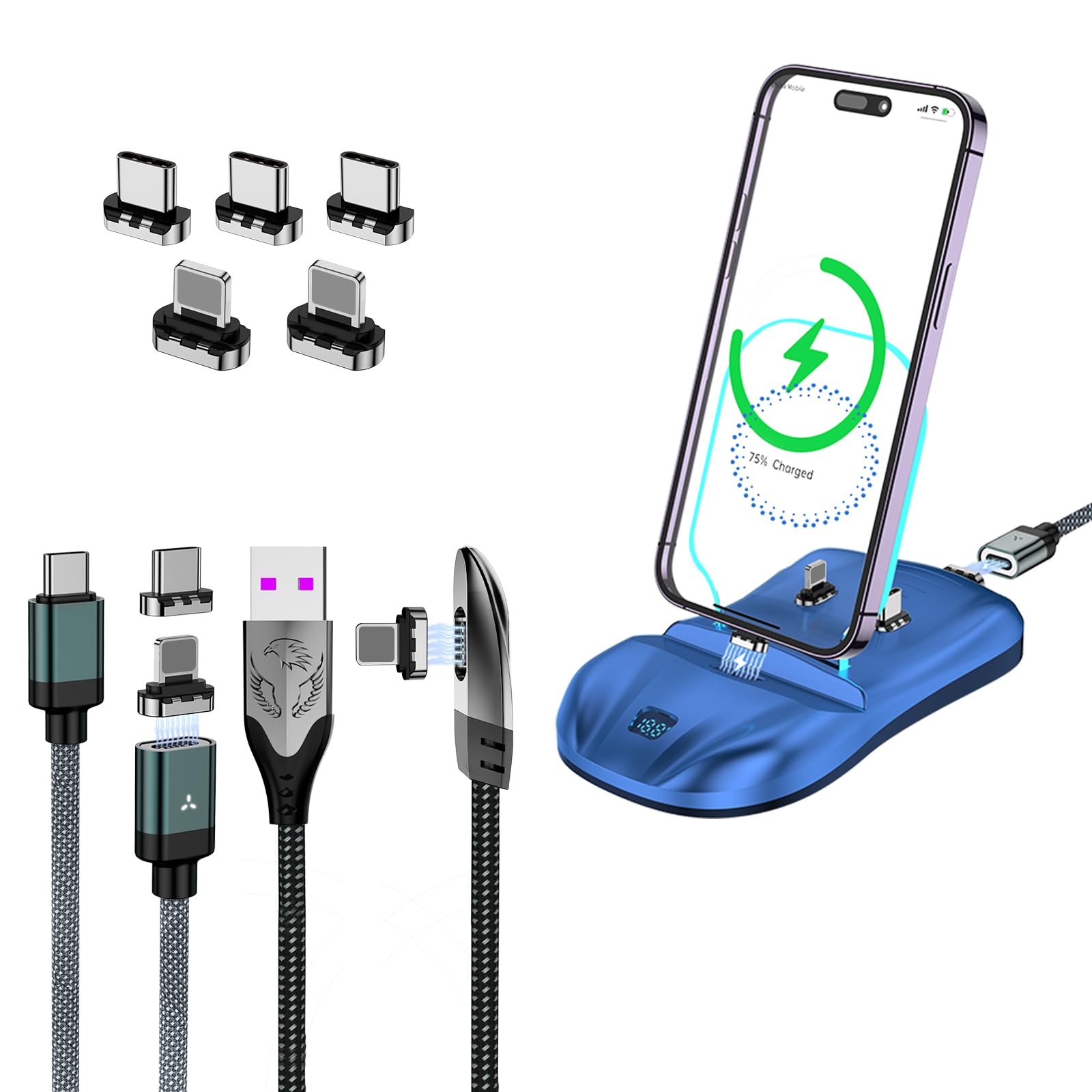 100W Magnetic Charging Station for iPhone 15/14/13 Pro Max, Samsung, USB-C Devices & AirPods | Multi-Device Fast Charger Stand with Magnetic Cable (Adapter Not Included) - Blue | Perfect for Home, Office & Travel Charging