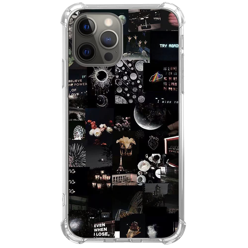 Pastel Black Aesthetic Phone Case for iPhone 12 Pro Max - Dark Space Planets Art Collage TPU Cover | Trendy Protective Case for Women & Teens | Perfect for Daily Use, School, and Travel