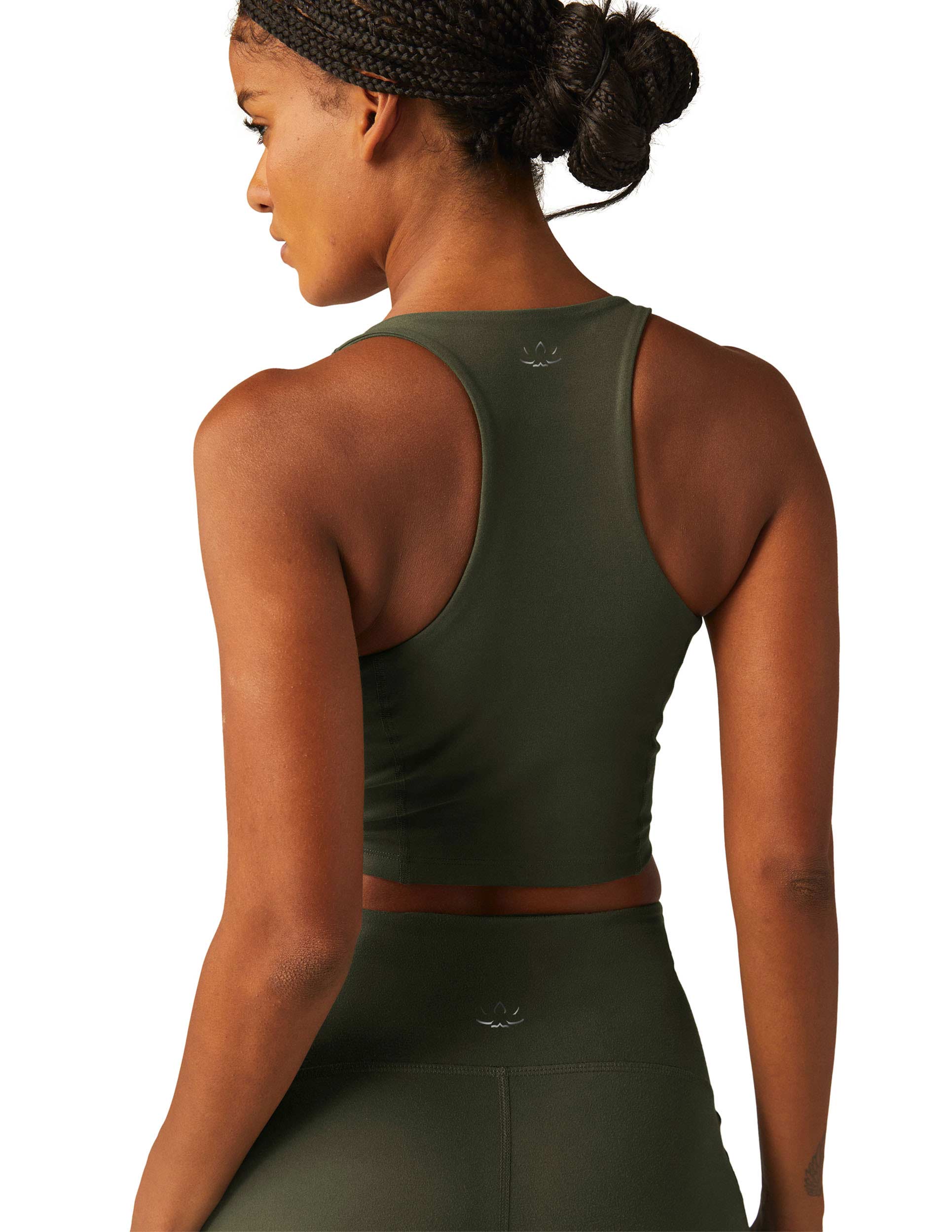 POWERBEYOND Intensity Racerback Cropped Tank Top - Modern Olive Green Workout Shirt for Women | Yoga, Gym & Running Activewear