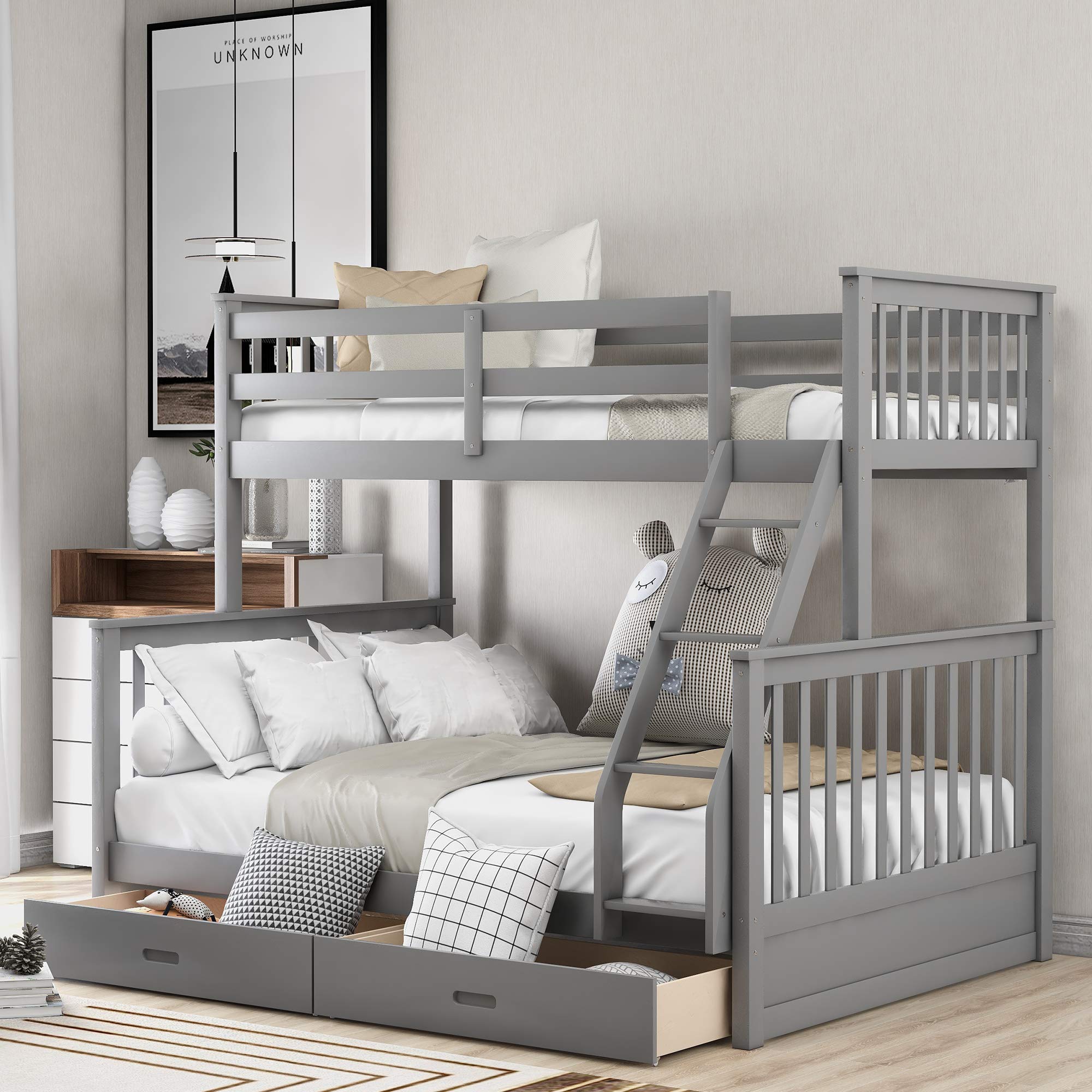 Twin Over Full Bunk Bed with Storage Drawers - White Wooden Kids Bedroom Furniture for Space Saving