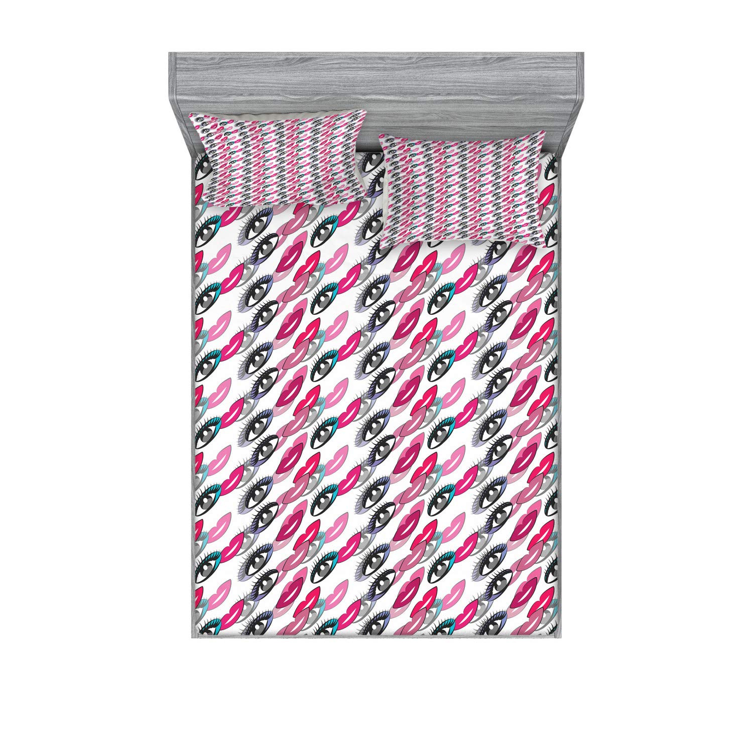 Ambesonne Women's 3-Piece Bedding Set - Fitted Sheet & Pillow Shams with Retro Beauty Theme, Cosmetic Eyes & Lips Print in Magenta & Multicolor for Stylish Bedroom Decor | Perfect for Teen Girls Room, Dorm, or Vintage-Themed Home Decor