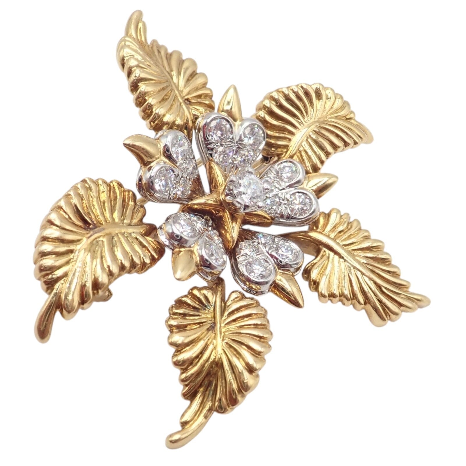 Tiffany & Co Schlumberger 18k Yellow Gold Platinum Diamond 5 Leaf Pin Brooch - Elegant Jewelry for Women, Luxury Gift for Anniversary & Special Occasions