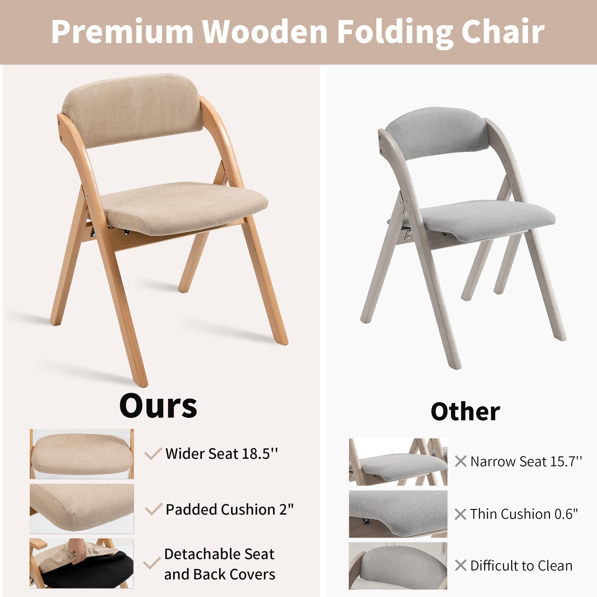 HOMEFUN 2-Pack Wooden Folding Chairs with Padded Seats & Removable Covers - Stackable Dining Chairs for Kitchen, Office, Wedding, Party, Picnic - Perfect for Guest Seating & Space Saving (Khaki)