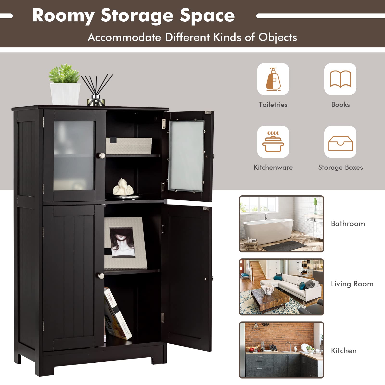 LOKO Wooden Floor Storage Cabinet with Glass Doors & Adjustable Shelf - Bathroom, Kitchen & Living Room Organizer - Perfect for Bath Essentials, Kitchen Supplies & Home Decor (Black)