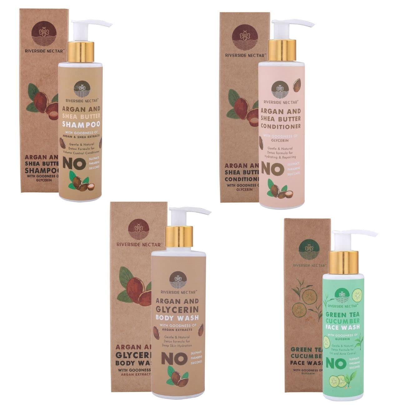 Riverside Nectar 4-Piece Hair & Skin Care Set - Argan Shea Butter Shampoo, Almond Shea Butter Keratin Conditioner, Argan Glycerin Body Wash & Green Tea Cucumber Face Wash for Nourishment & Repair | Perfect for Dry Hair, Damaged Skin & Daily Beauty Routine