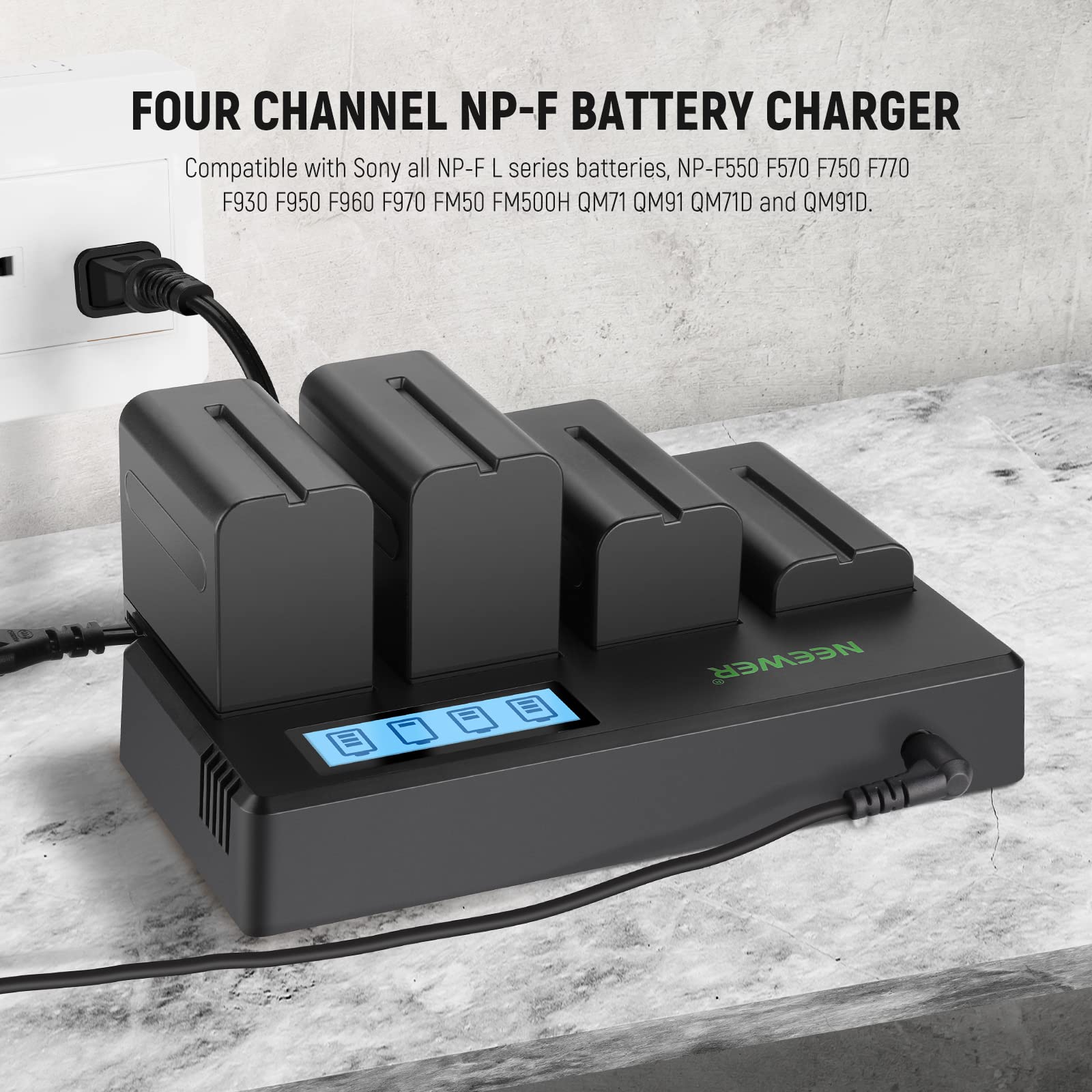 Neewer 4-Pack NP-F750 Replacement Batteries 7.4V 5600mAh with 4-Channel Charger & Adapter - Compatible with Sony NP-F550/750/770/970, FM500H, QM71D, QM91D - Power Camera Field Monitors, Video Lights & DSLR Equipment