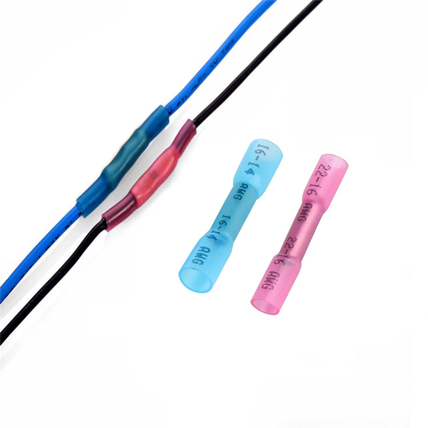 100PCS Heat Shrink Butt Connectors 16-14AWG - Waterproof Wire Connectors Terminals for Automotive & Marine - Insulated Electrical Crimp Terminals Butt Splices (Blue) - Perfect for Car Wiring, Boat Electrical & Outdoor DIY Projects