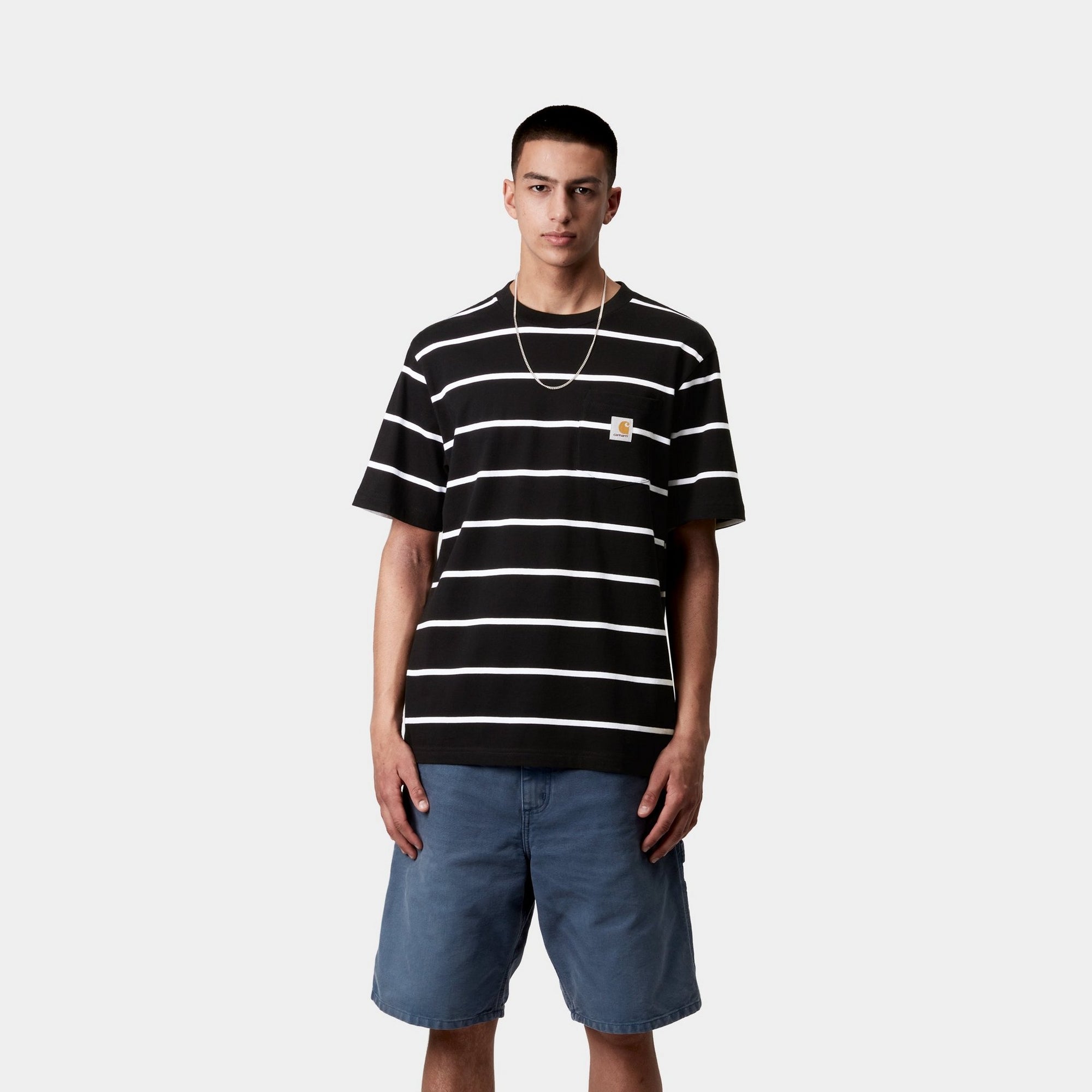 Aiken Stripe Pocket T-Shirt for Men - Stylish Black Cotton Tee with Front Pocket | Casual Wear, Street Style, Everyday Outfits