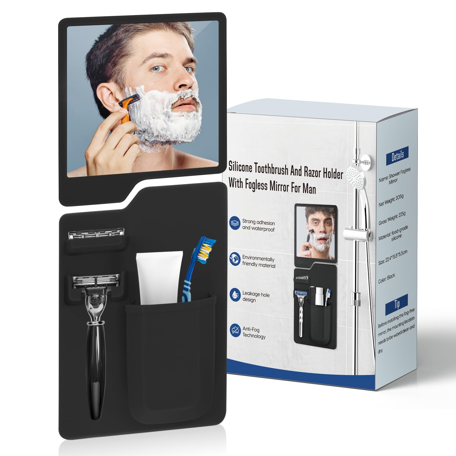 Fogless Shower Mirror for Shaving with Toothbrush & Razor Holder - Upgraded Silicone Grip Technology, Anti-Fog Acrylic Mirror with Strong Suction Cups - Perfect for Bathroom, Travel & Gym Use