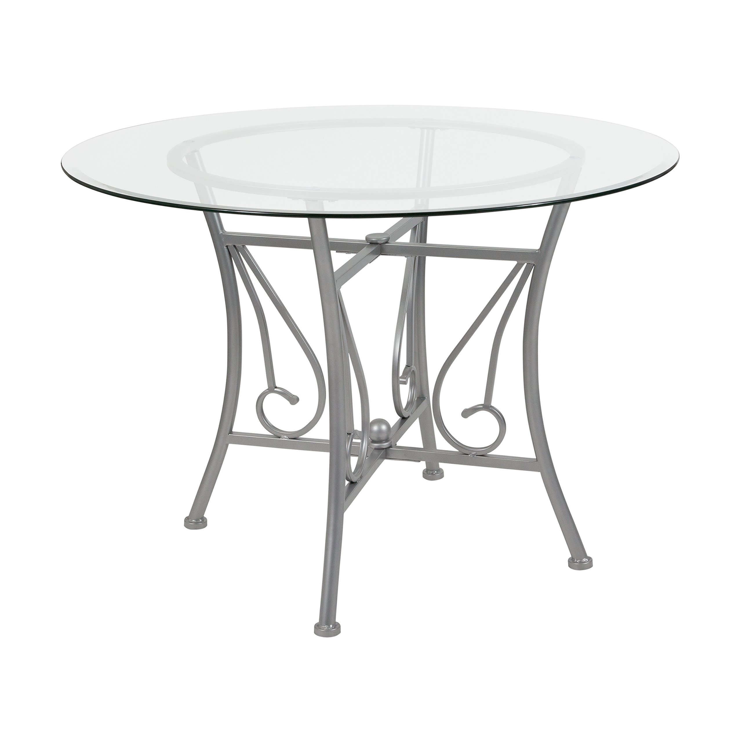 Flash Furniture Princeton 42-inch Round Glass Dining Table with Sturdy Metal Frame in Silver - Perfect for Small Spaces, Kitchens, and Modern Dining Rooms