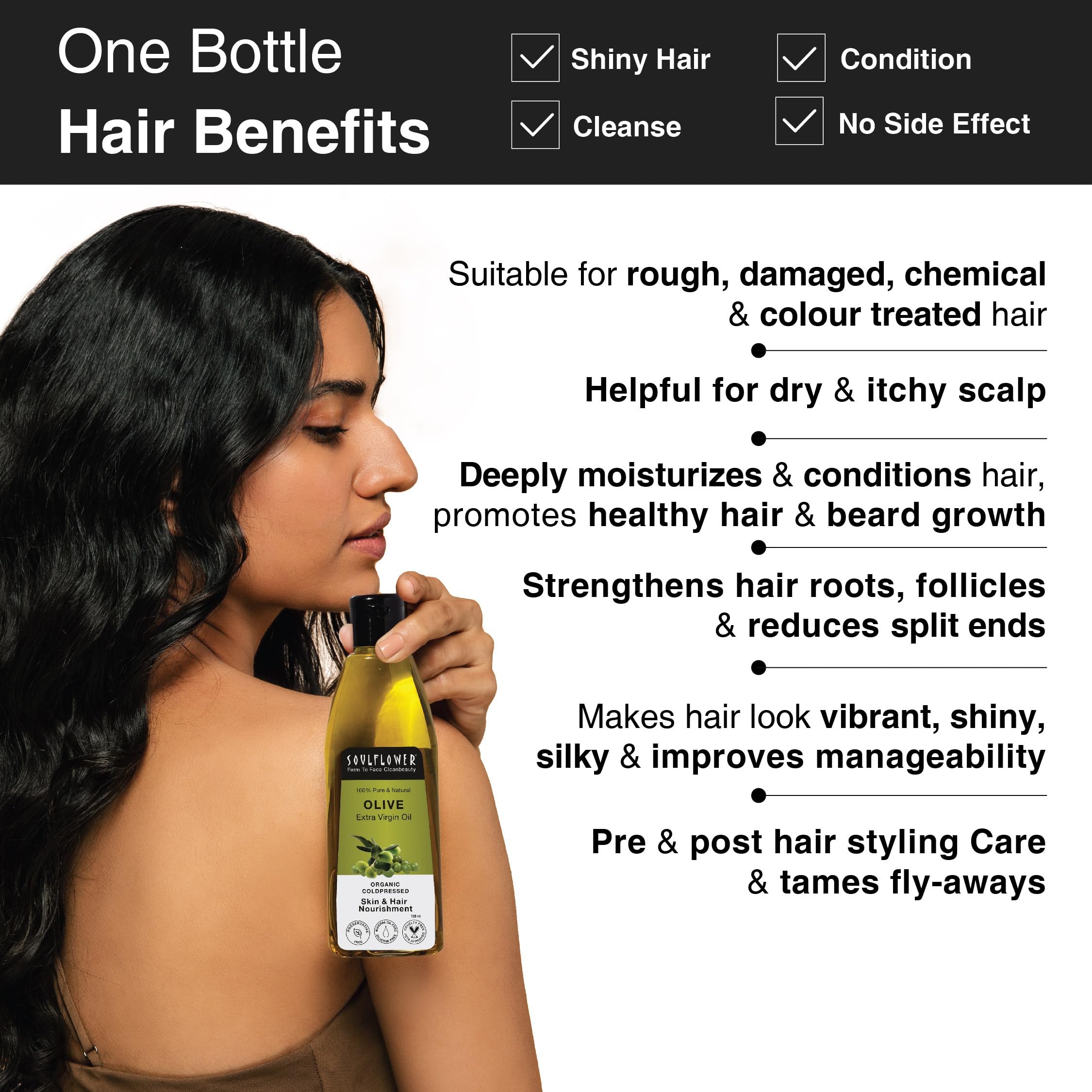 Soulflower 100% Pure Cold-Pressed Olive Oil for Hair Growth & Repair - Anti Hair Fall, Strengthens & Moisturizes Hair, Reduces Fine Lines & Wrinkles - Natural Makeup Primer (120ml) - Perfect for Daily Hair Care & Skin Hydration