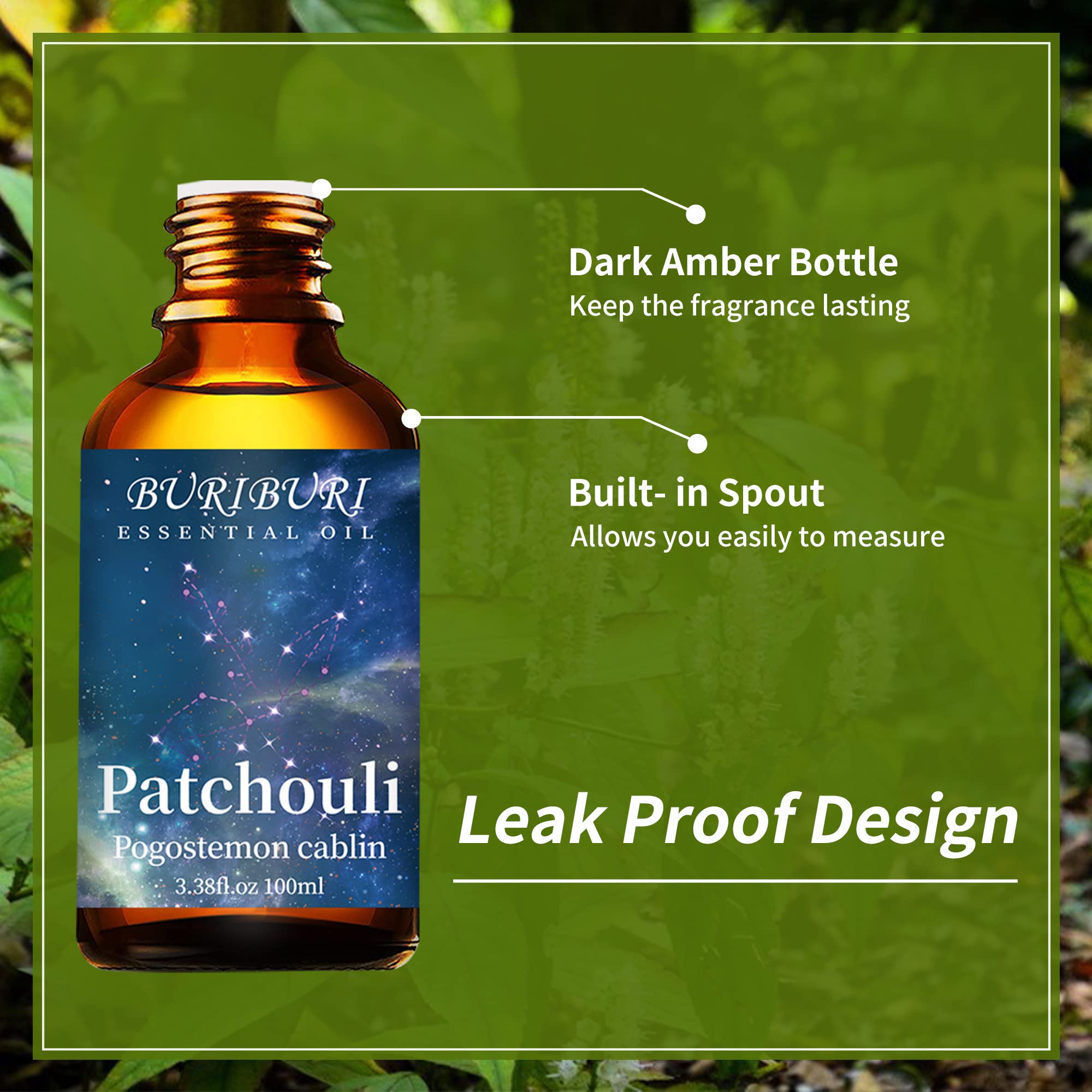 100% Pure Undiluted Patchouli Essential Oil - 100ML/3.38fl.oz for Aromatherapy, Soap Making, Candle Making, Massage, Diffuser & Humidifier | Relaxing Scent for Stress Relief, Meditation & Home Spa