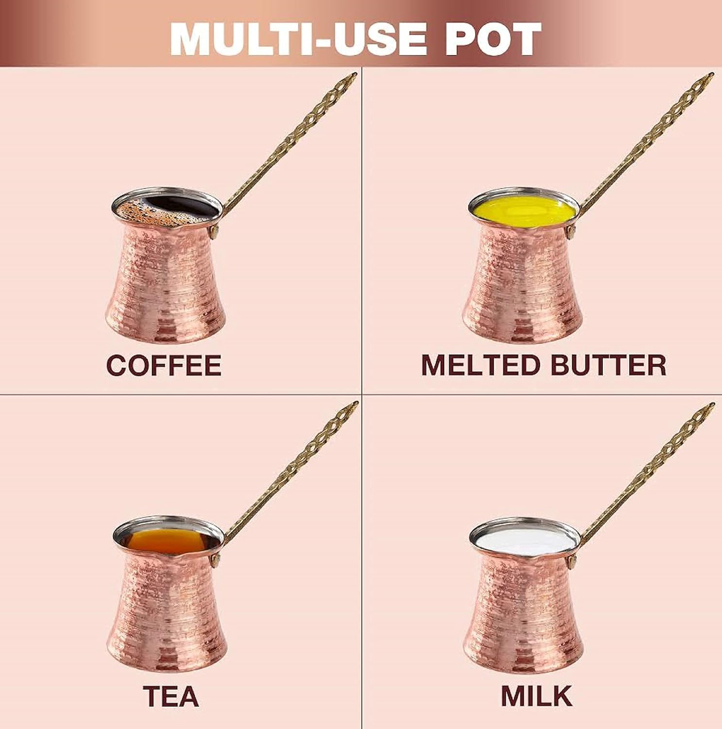 Authentic DESTALYA Turkish Coffee Pot - Handcrafted Hammered Copper Cezve for Greek & Arabic Coffee | Stovetop Brewer with Metal Handle | Perfect for Home Brewing, Camping & Gift Giving