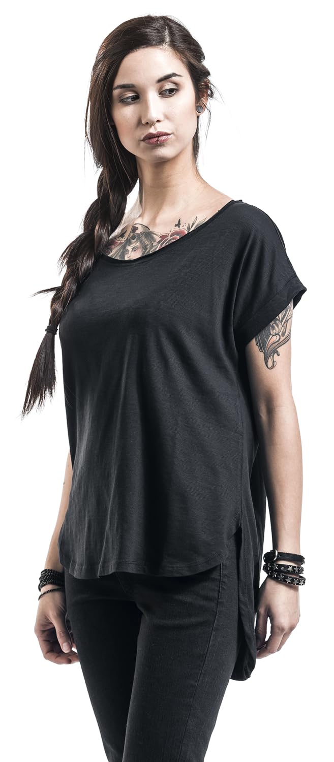 Women's Long Back Shaped Slub T-Shirt - Soft Casual V-Neck Tee for Everyday Wear, Lounge & Street Style (Black, XS)