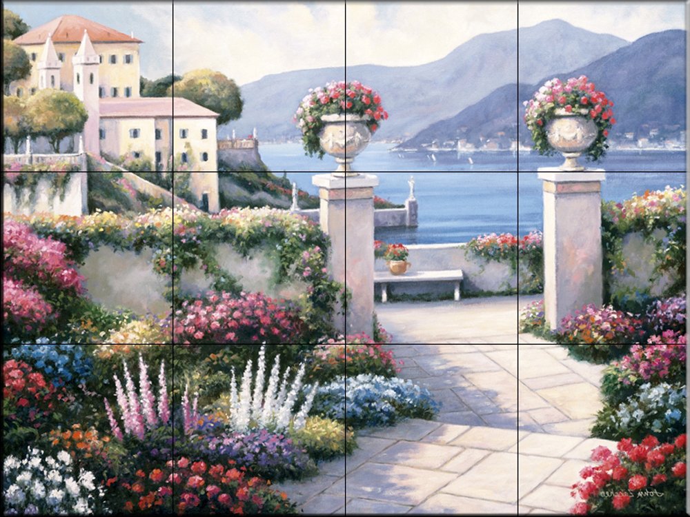 Ceramic Backsplash Tile Mural - Water View Landscape Overlooking Water for Kitchen, Bathroom & Shower - Mediterranean Scene B by John Zaccheo - Perfect for Coastal, Beach & Spa Style Home Decor