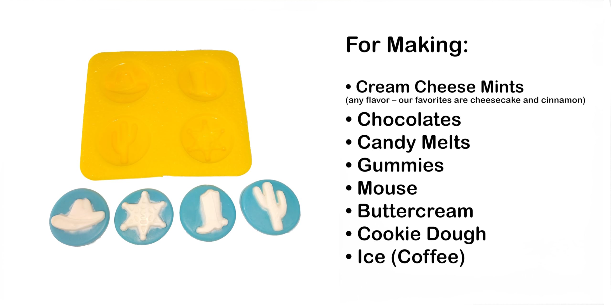 Western Cowboy Silicone Molds Set - 4 Cavity (Cowboy Hat, Boot, Cactus, Sheriff Badge) for Cream Cheese, Candy Melts, Fondant, Caramels - Perfect for DIY Candy Making, Cake Decorating, and Western Theme Parties