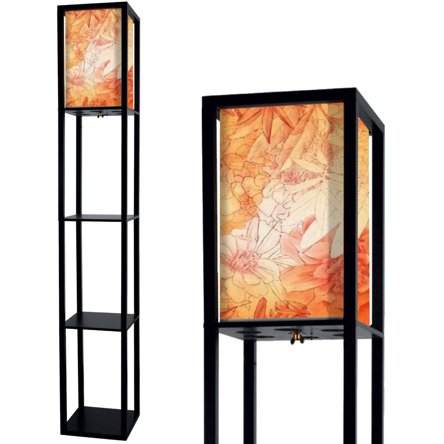 Floral Seamless Pattern Floor Lamp with Shelves & Flaxen Fabric Shade - Tall Standing Corner Lamp for Living Room, Bedroom - Aesthetic Home Decor for Cozy Reading Nook & Modern Interior Design
