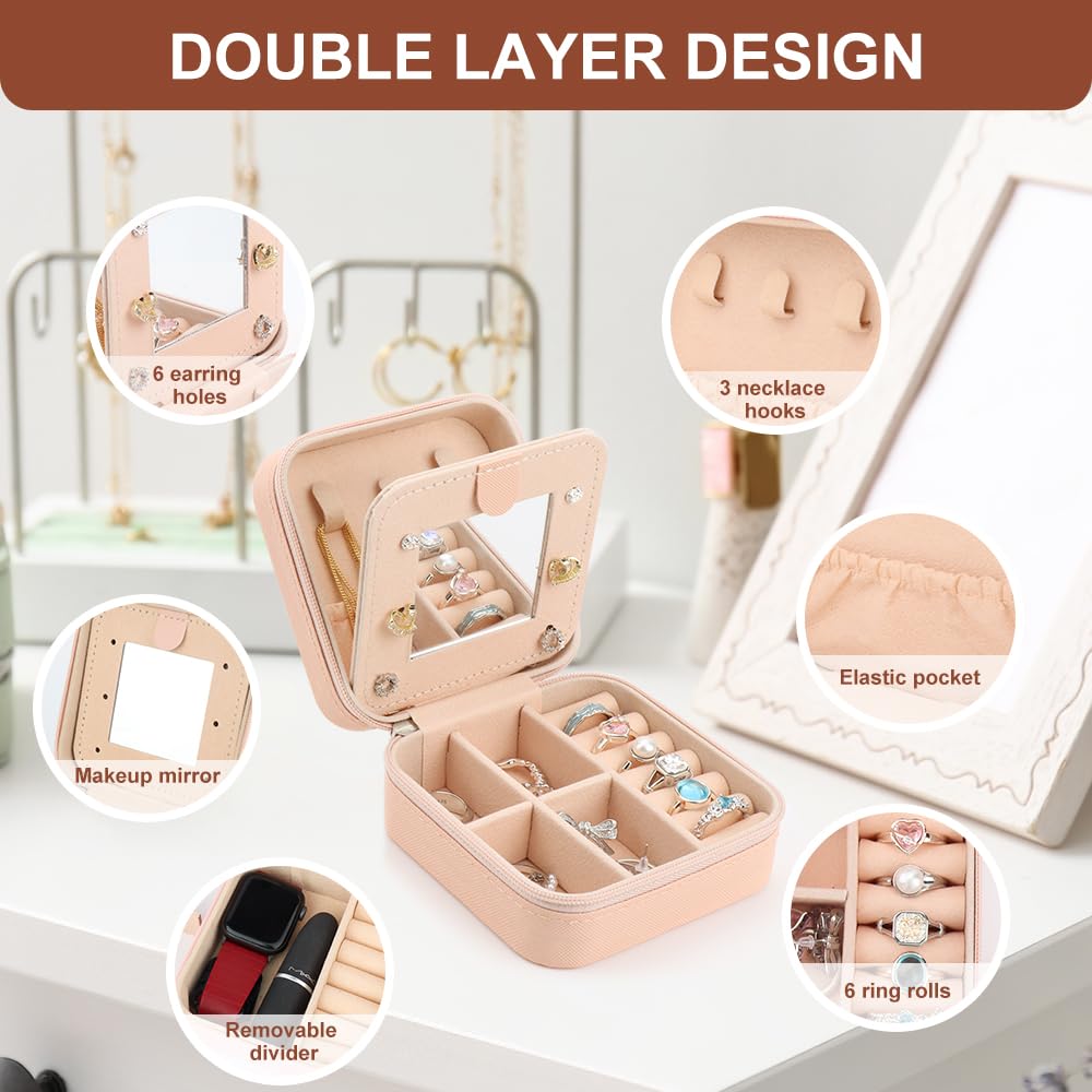 WALLFID Girls Jewelry Box with Mirror - Portable Travel Jewelry Organizer for Kids, Small Jewelry Storage Case - Perfect Birthday Gift for Girls & Travel Essential Accessories (S) - Ideal for Travel, Home Storage & Birthday Presents