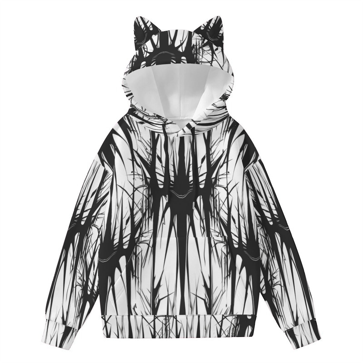 Black Distress Style Hoodie With Cat Ears - Gothic Punk Fashion for Women & Teens - Perfect for Halloween, Cosplay, and Streetwear