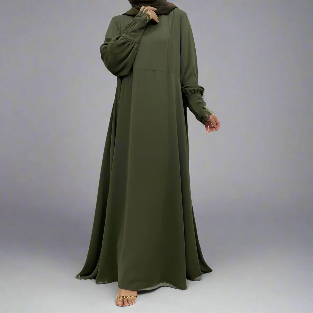 Elegant Front Zipper Lace Sleeve Muslim Abaya Dress for Women - Modest Islamic Prayer Dress for Mosque, Eid & Special Occasions