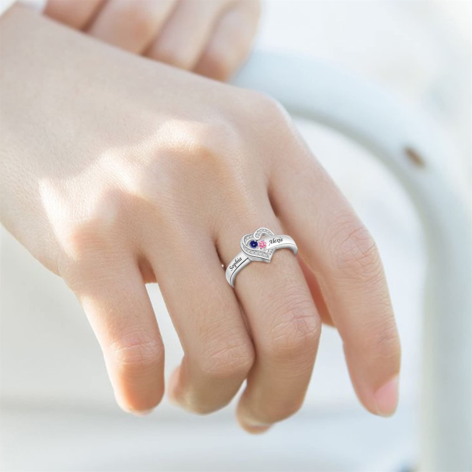 MissNaNa Personalized Mother's Rings with Simulated Birthstones - Custom Engraved 1-8 Family Names - Heart Shaped Mother's Day Jewelry Gifts for Women - Perfect for Anniversaries, Birthdays & Special Occasions