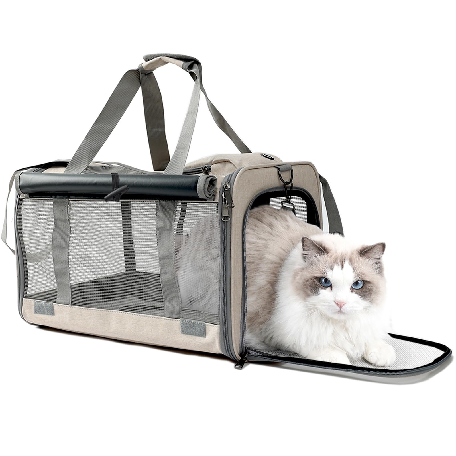 Large Cat Carrier for Pets up to 20lbs - Soft-Sided Travel Carrier for Home & Outdoor Use (Khaki)