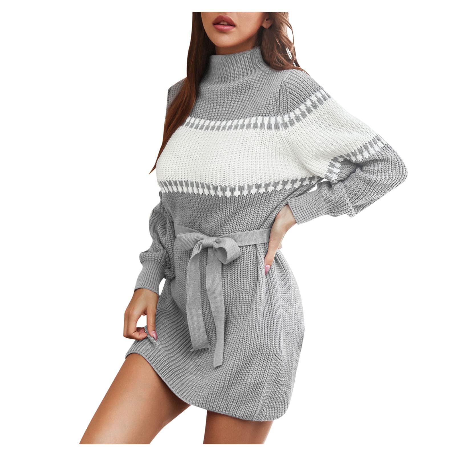 Women's Long Sleeve Turtleneck Sweater Dress - Color Block Striped Wrap Cardigan for Fall & Winter | Office Wear, Casual Outfits, Date Night Dresses