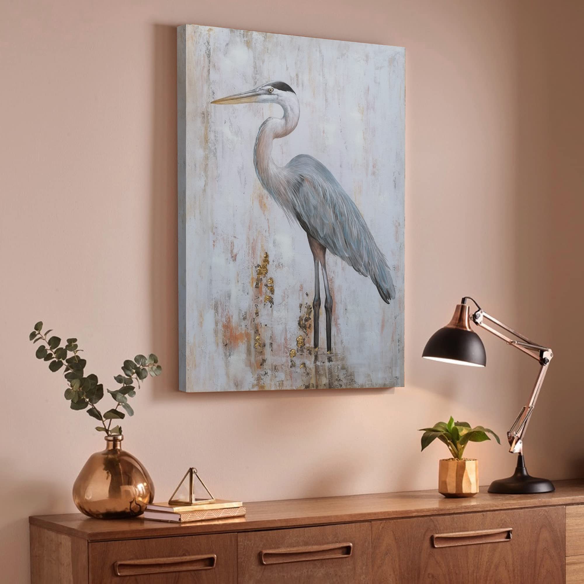 Blue Heron Wall Art - Gold Foil Beach Bird Painting for Home Decor | Coastal Themed Wall Decor for Living Room, Bedroom & Bathroom | Perfect for Beach House & Nature Inspired Interior Design