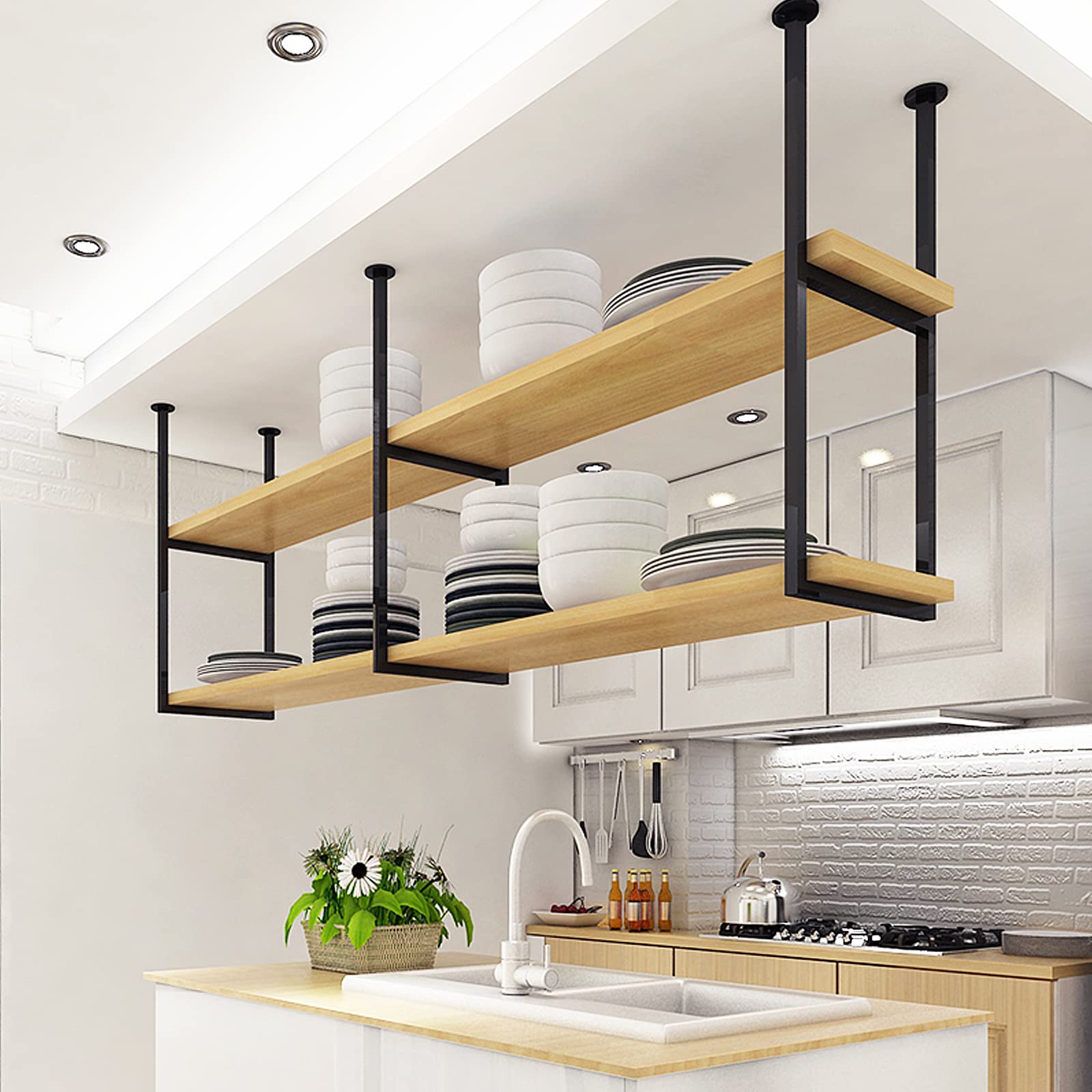 Industrial Ceiling Mount Shelf 2-Tier - Floating Shelves for Kitchen Storage, Wine Rack for Bottles & Glasses, Dish Organizer - Perfect for Restaurants, Bars & Home Kitchens (47.2×11.8×23.6in, Black) - Space-Saving Wall Storage Solution for Small Spaces