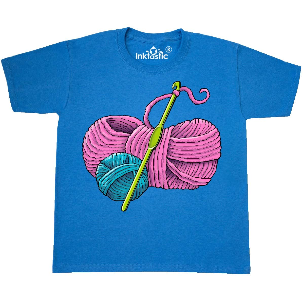 Inktastic Blue and Pink Yarn with Crochet Hook Youth T-Shirt - Soft Cotton Graphic Tee for Crochet Lovers & DIY Enthusiasts - Perfect for Crafting, Gifts & Casual Wear