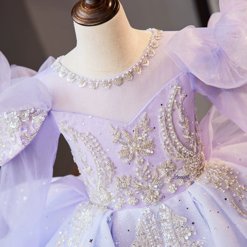 Lilac Princess Round Floor Length Tulle Flower Girl Dress for Weddings, Baptisms & Special Occasions