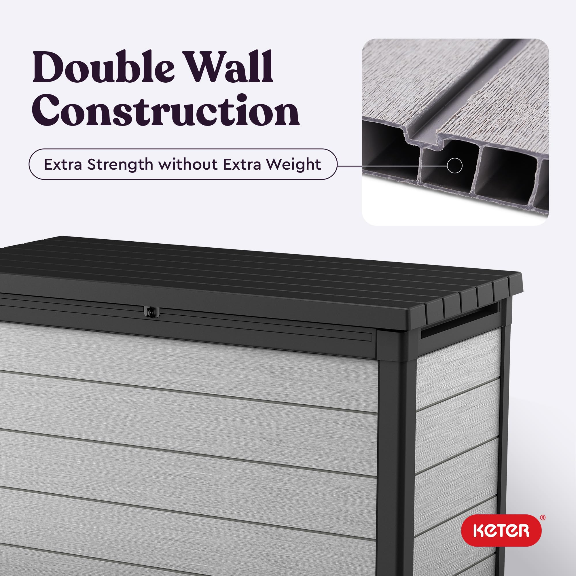 Keter Denali 200 Gallon Resin Deck Box with Double Wall 20mm Panels - Paintable & Drillable Outdoor Storage for Patio Furniture, Cushions, Pool Toys & Garden Tools - Grey & Black Weatherproof Organizer