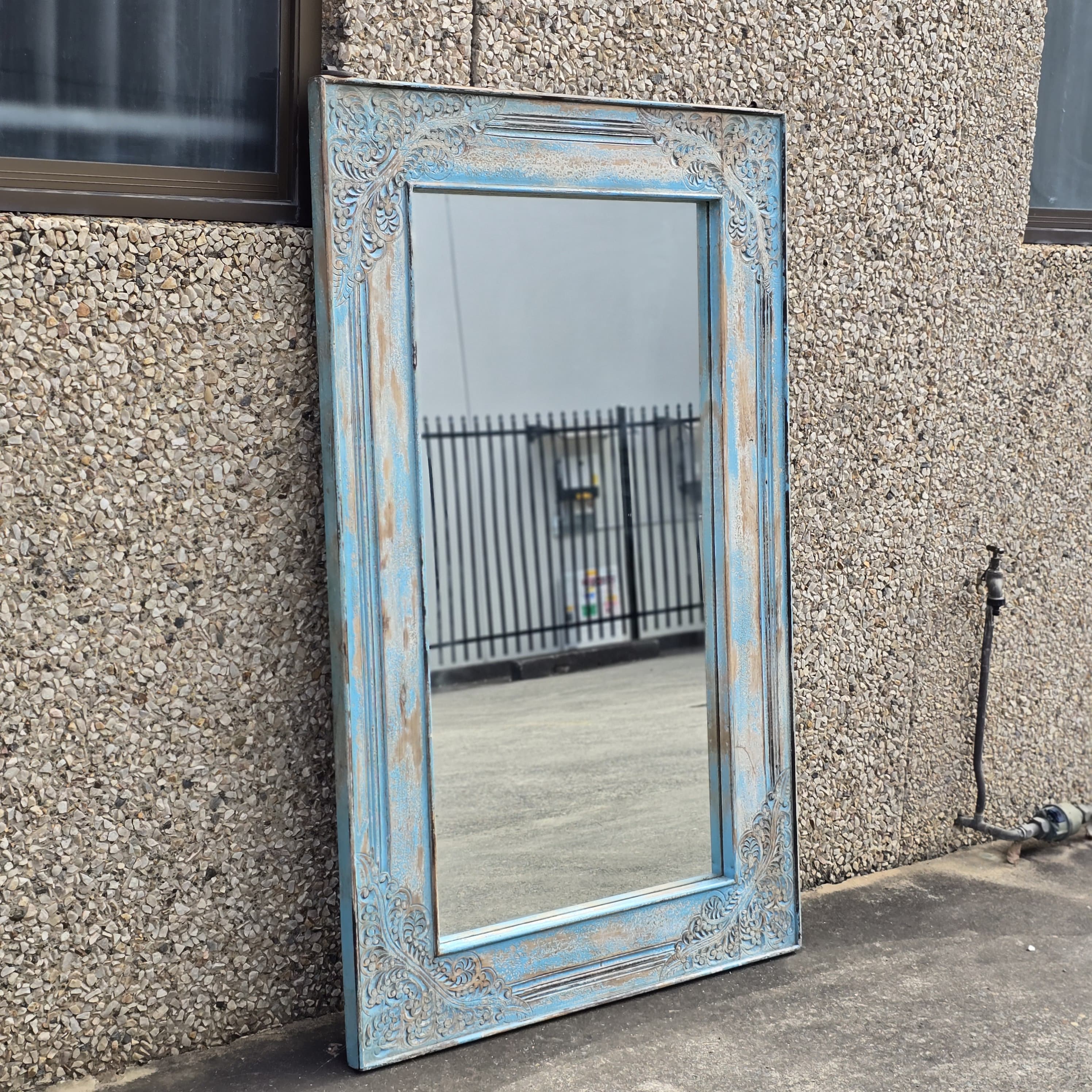 Handcrafted Floral Carved Solid Wood Indian Furniture Mirror Frame - Rustic Blue Home Decor for Living Room, Bedroom & Entryway