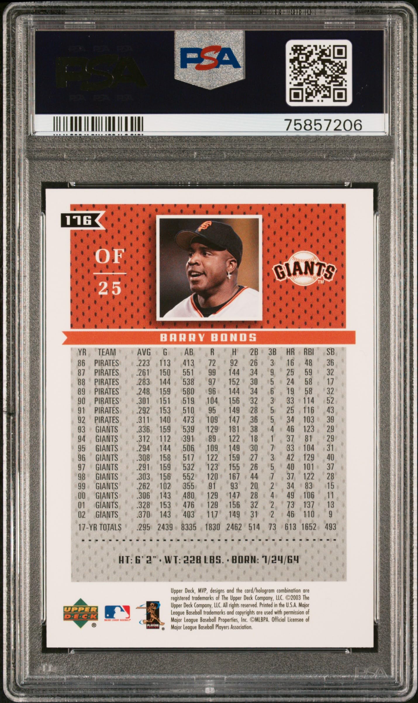 Barry Bonds 2003 Upper Deck MVP Baseball Card #176 PSA 10 Gem Mint - Rare Collectible for Sports Memorabilia & Investment
