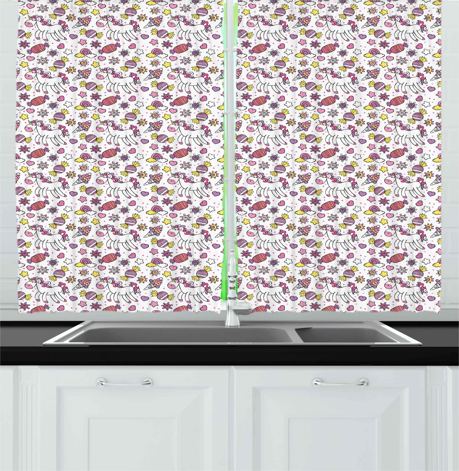 Ambesonne Unicorn Print Kitchen Curtains - 2 Panels Set with Rod Pocket, 55