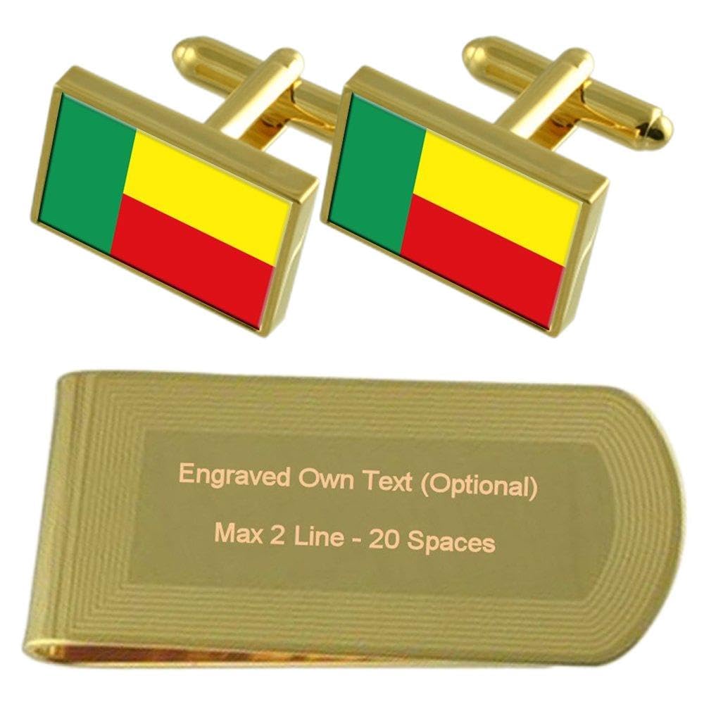 Benin Flag Gold-Tone Cufflinks & Money Clip Engraved Gift Set for Men - Perfect for Weddings, Business Meetings & Patriotic Gifts