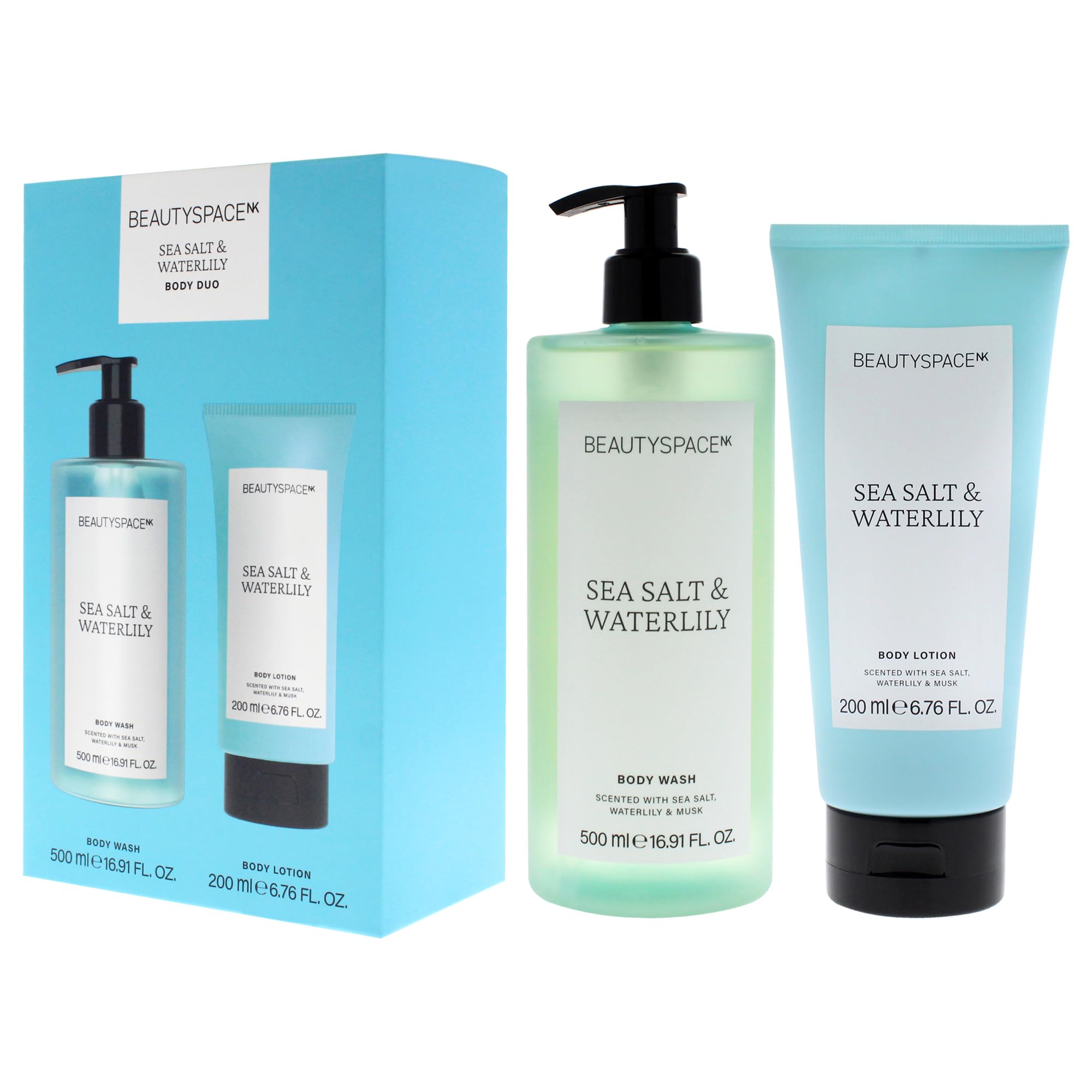 SpaceNK Beauty Space Body Duo Set - Sea Salt & Waterlily Scented Body Wash (16.91oz) & Body Lotion (6.76oz) for Men & Women - Hydrating & Refreshing Skincare Gift Set for Shower & Daily Moisturizing Routine