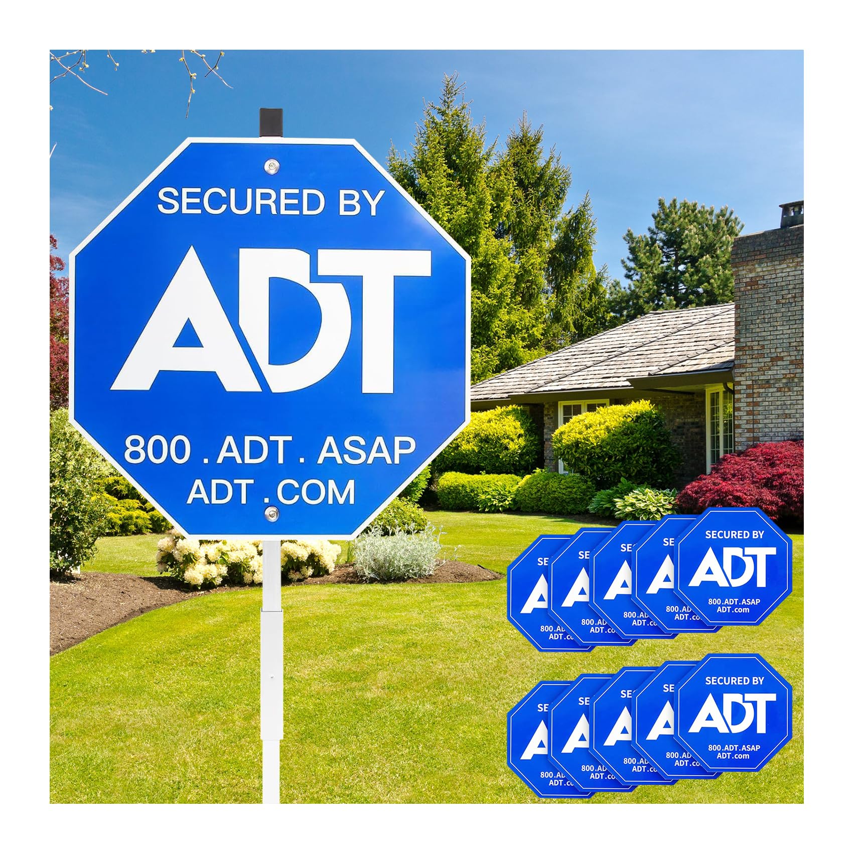 28 Inch ADT Security Yard Signs with Metal Stake & 10 Window Stickers - Heavy Duty Weatherproof Aluminum Home Security Warning Signs for House Protection - Perfect for Front Yard, Backyard, Garage & Windows