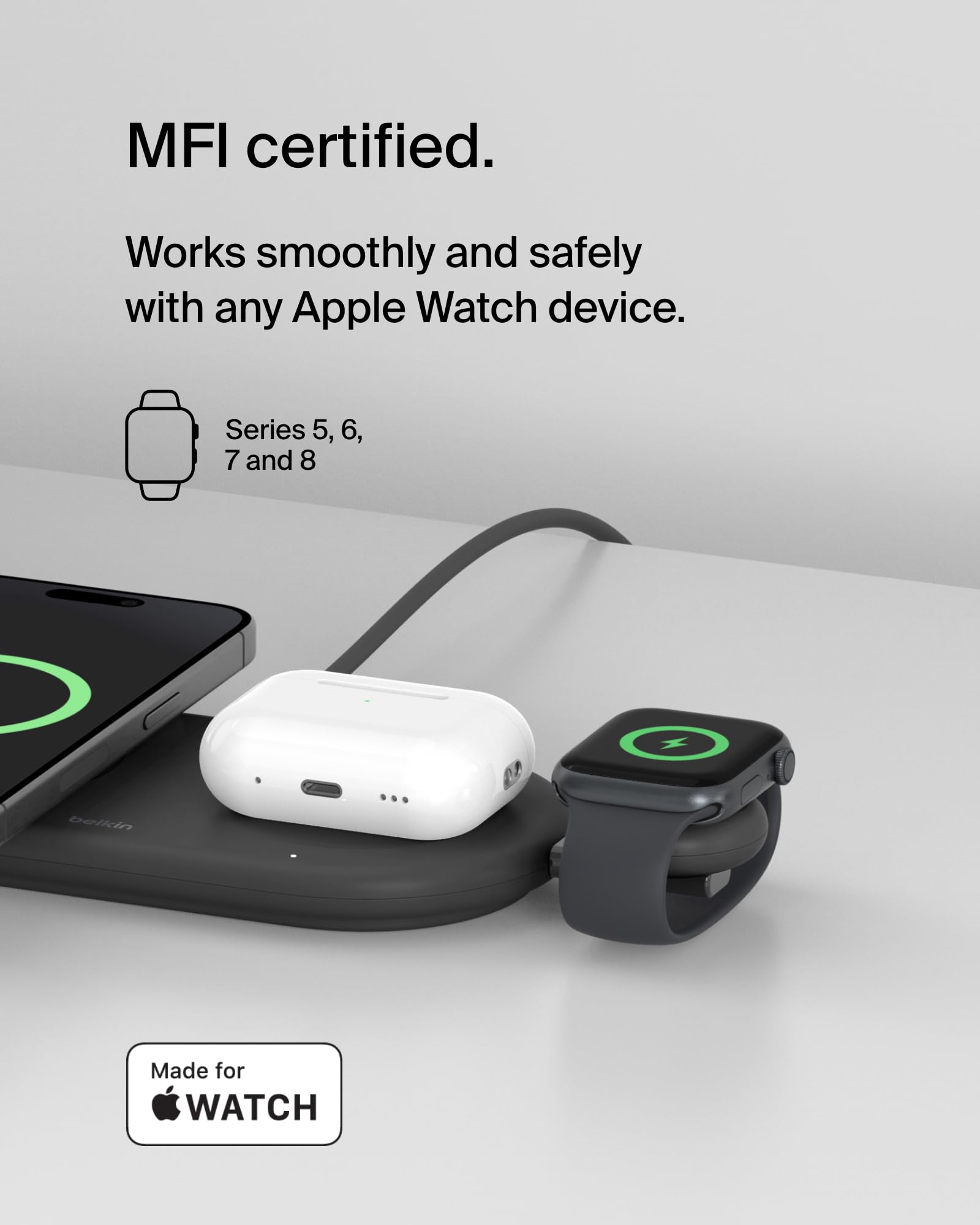 Belkin MFi Certified USB-C Apple Watch Charger - Fast Portable Charging Cable for Apple Watch Series 9/8/7/Ultra/SE - Compatible with MacBook, iPhone 16, iPad Pro - Perfect for Travel, Office & Nightstand Charging - Black