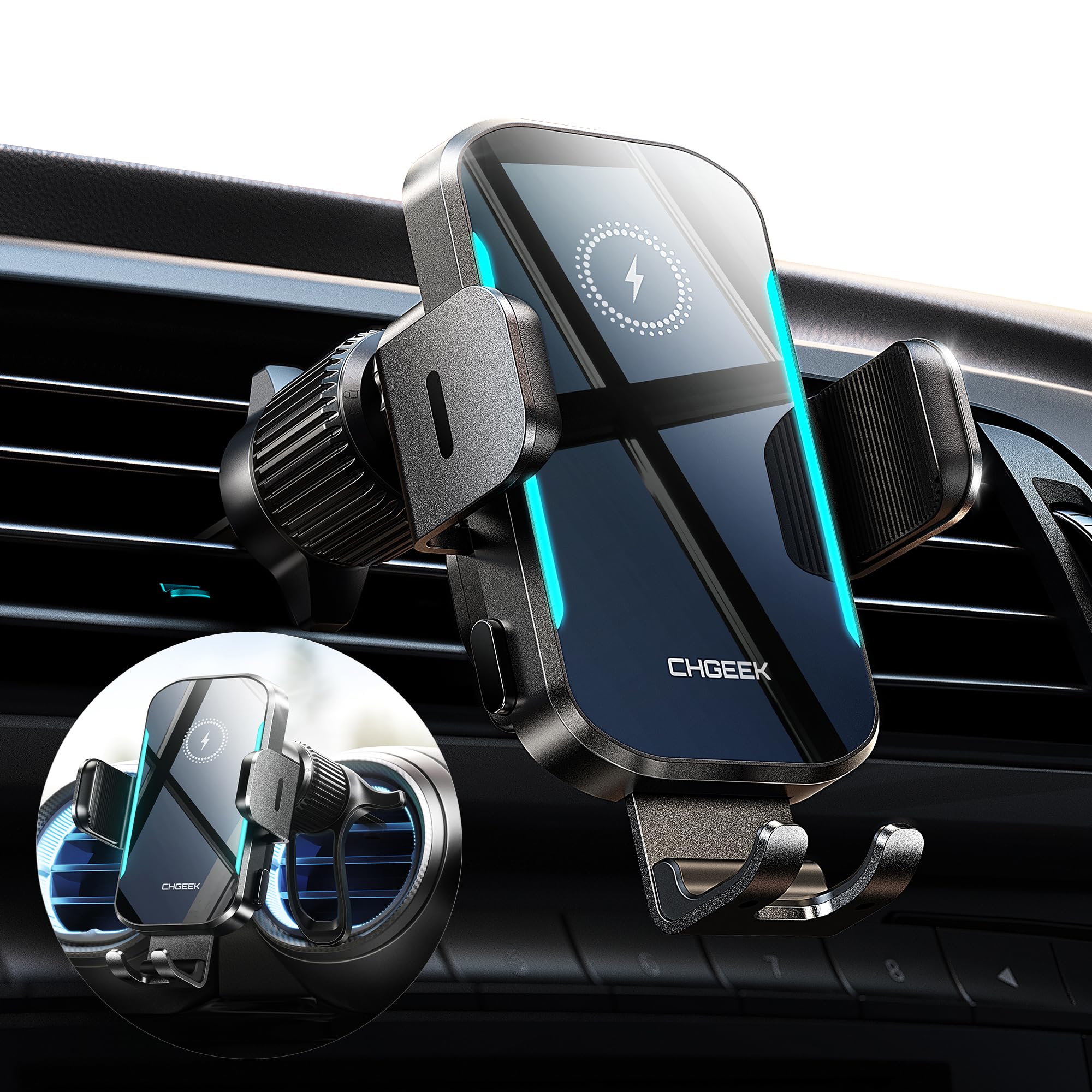 15W Fast Wireless Car Charger & Auto-Clamping Air Vent Phone Mount - Compatible with iPhone 16/15/14/13/12, Samsung S24/S23/S22 - Blue LED Backlit for Safe Night Driving | Perfect for Commuting, Road Trips & GPS Navigation