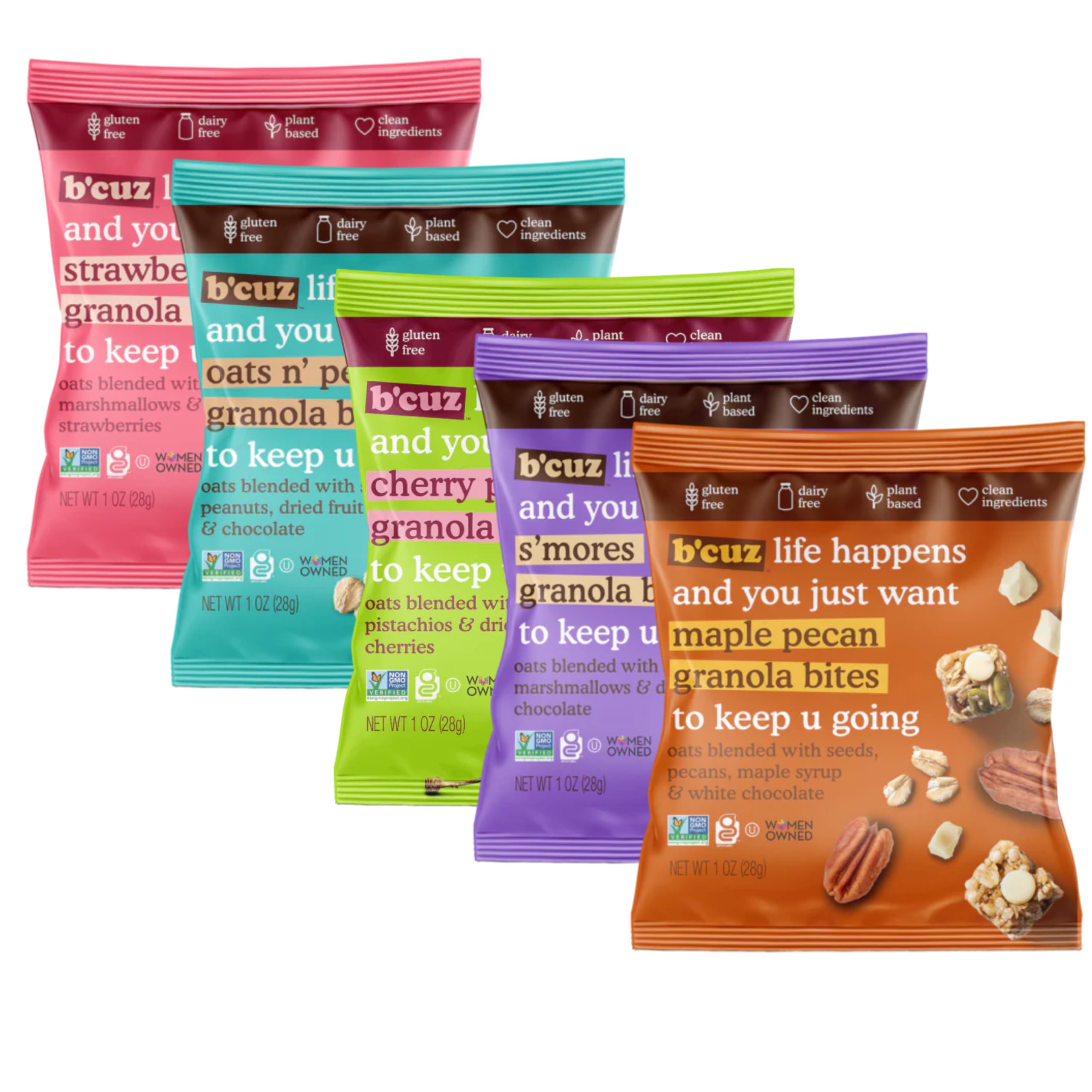 B'cuz Granola Bites - Gluten Free, Kosher, Vegan Snack Variety Pack (16 Pack, 1oz) - Healthy On-the-Go Breakfast, Lunchbox Treat & Dessert for Kids & Adults - Perfect for Travel, School & Office Snacking