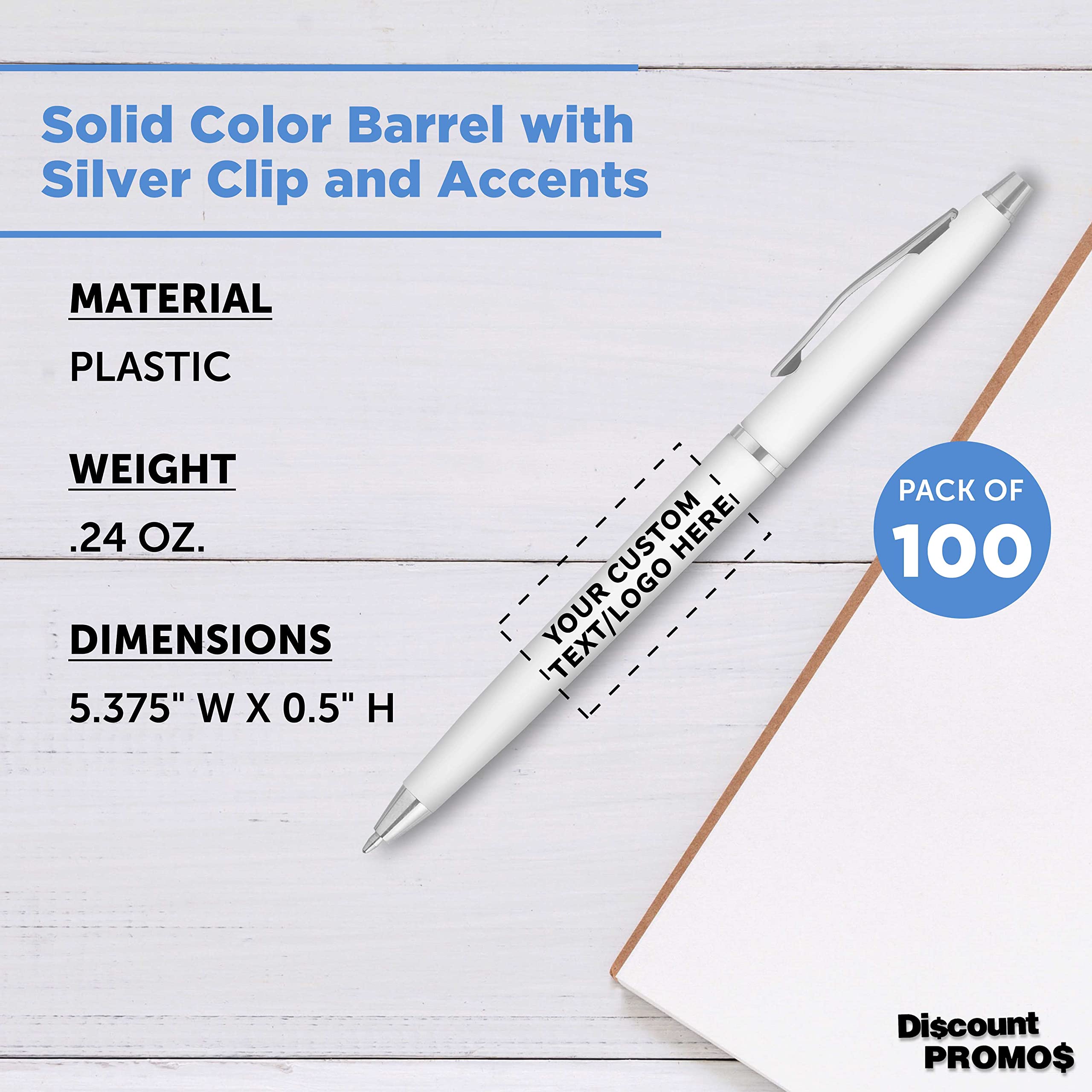 Custom Langham Ballpoint Ink Pen - Set of 100 Black Ink Writing Pens for Office Work, Business Meetings & School Supplies - Premium White Pens for Smooth Writing & Professional Use