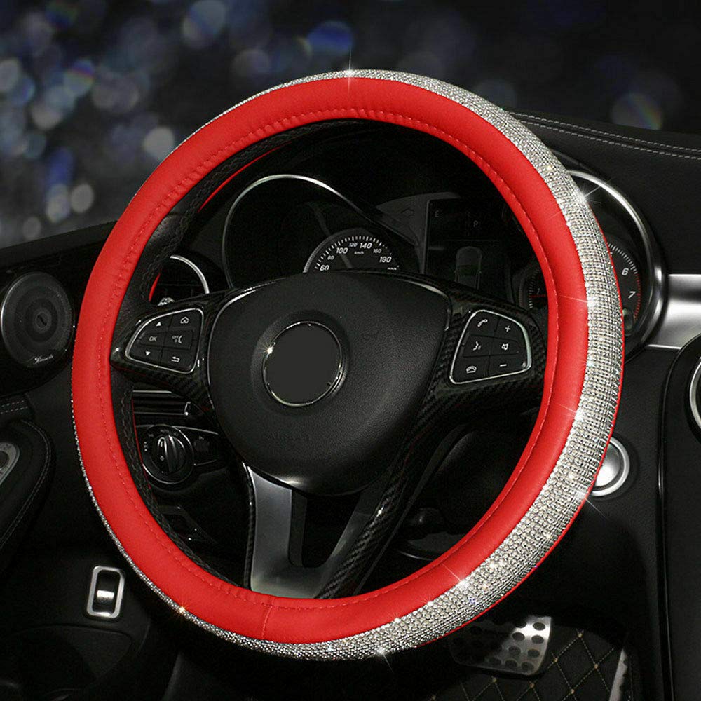 Diamond Leather Steering Wheel Cover with Bling Crystal Rhinestones - Universal Fit 15 Inch Car Wheel Protector for Women & Girls (Red) | Luxury Car Accessory for Comfort & Style