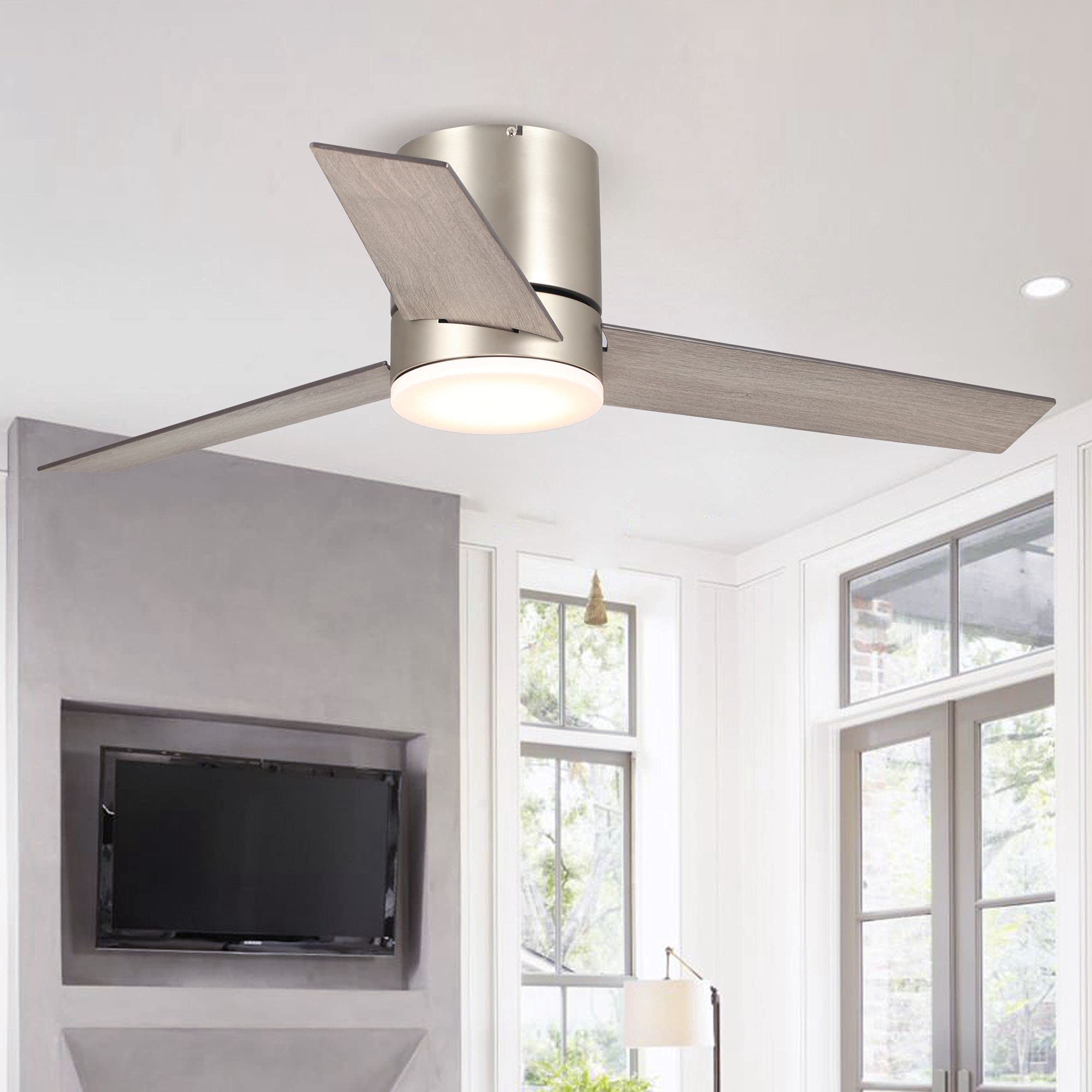Parrot Uncle 48 Inch Low Profile Flush Mount Ceiling Fan with Light - Adjustable Color Temperature, Remote Control, Satin Nickel Finish - Perfect for Bedrooms, Living Rooms & Home Offices