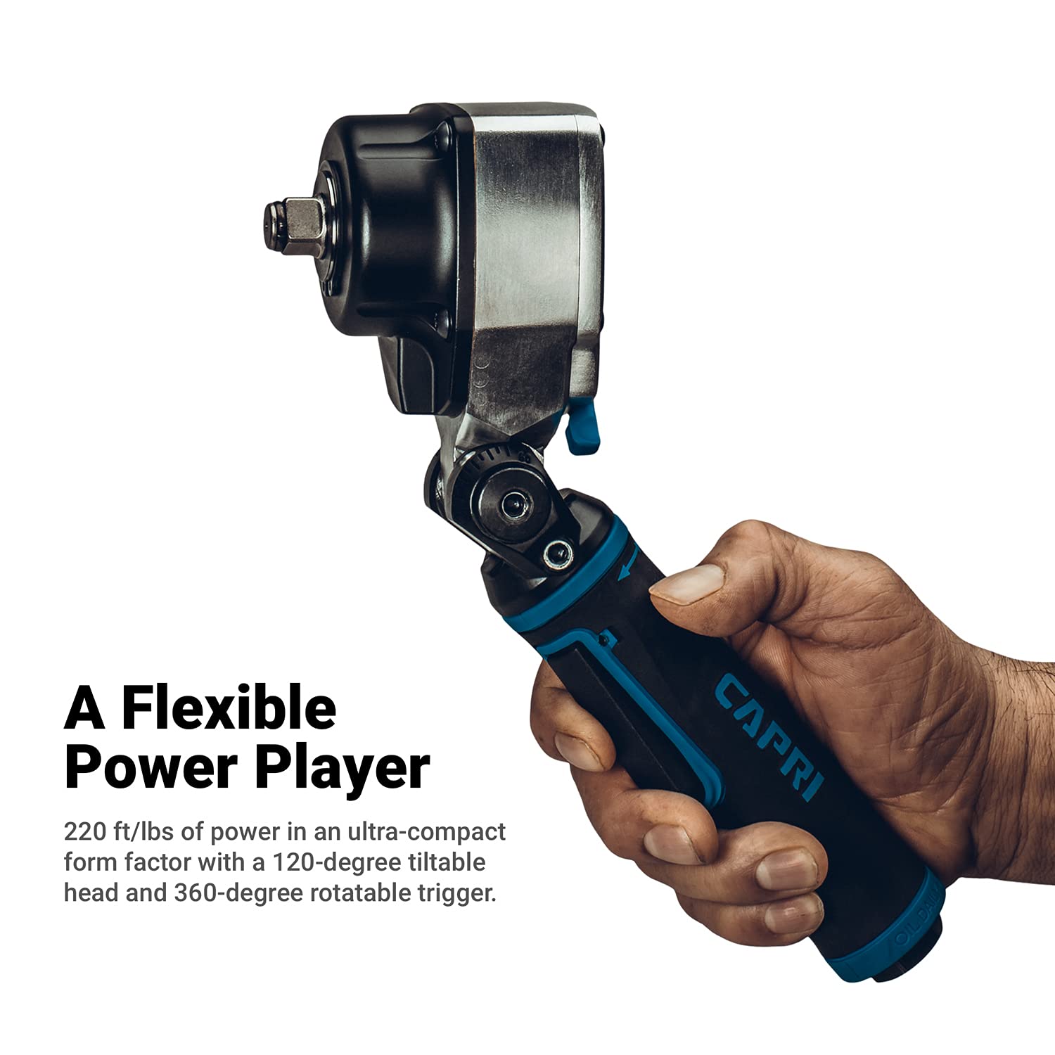 Capri Tools 1/2 Inch Flex-Head Air Angle Impact Wrench - 400 ft lbs Torque - Heavy Duty Automotive & Industrial Use for Tire Changes, Construction, and Mechanical Repairs