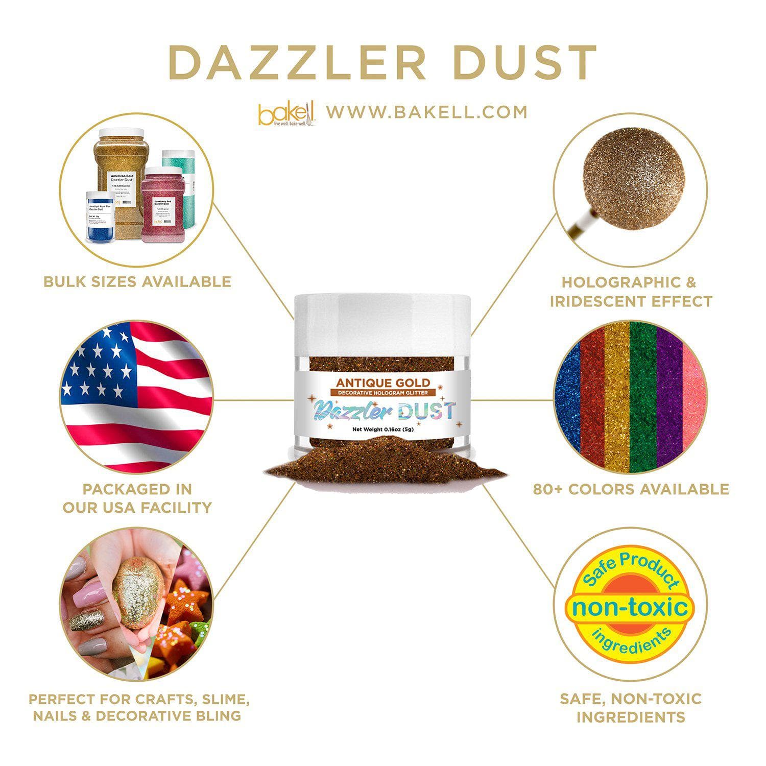 Antique Gold Dazzler Dust® Glitter Bulk Wholesale - Premium Cosmetic Glitter for Makeup, Nails, Crafts & DIY Projects
