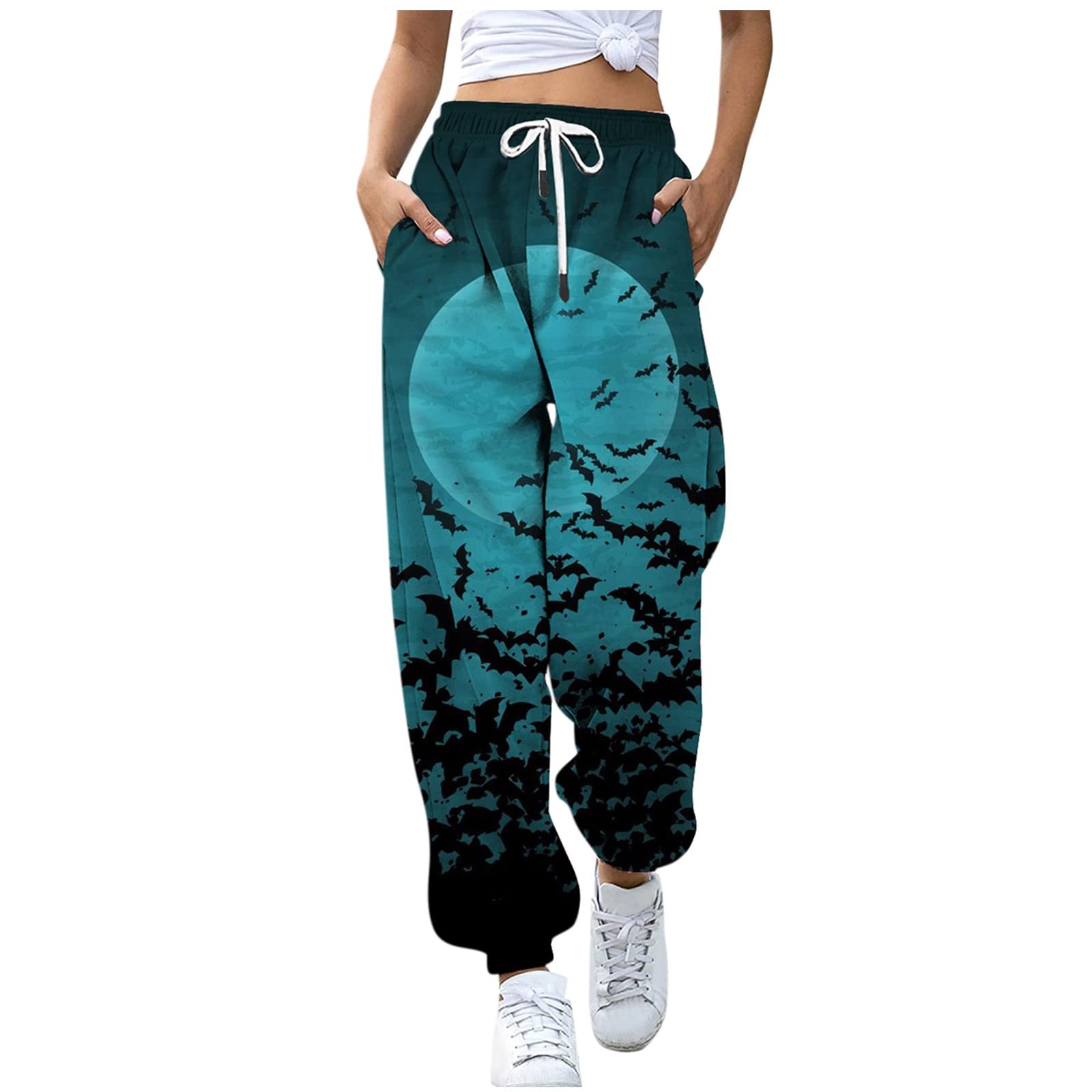 Women's Loose Drawstring Smocked Waist Palazzo Pants - 2022 Halloween Yoga Pants with Fun Print - Casual Trousers for Yoga, Lounge & Everyday Wear
