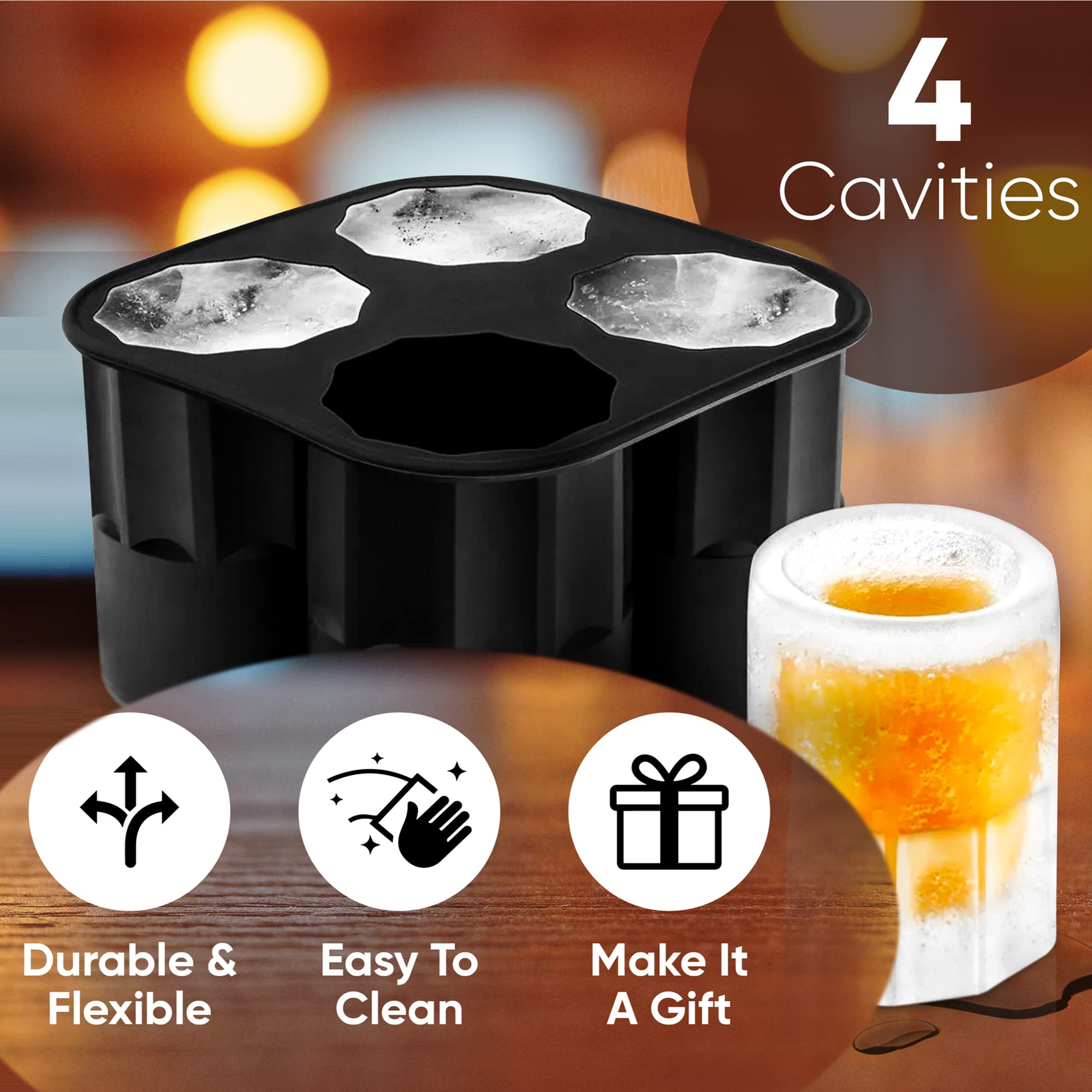 Premium Silicone Shot Glass Ice Molds - 4 Cavity Reusable Whiskey Ice Cube Trays for Freezer (1oz Capacity, 1.3 Inch) - Perfect for Cocktails, Bourbon, Scotch & Party Drinks