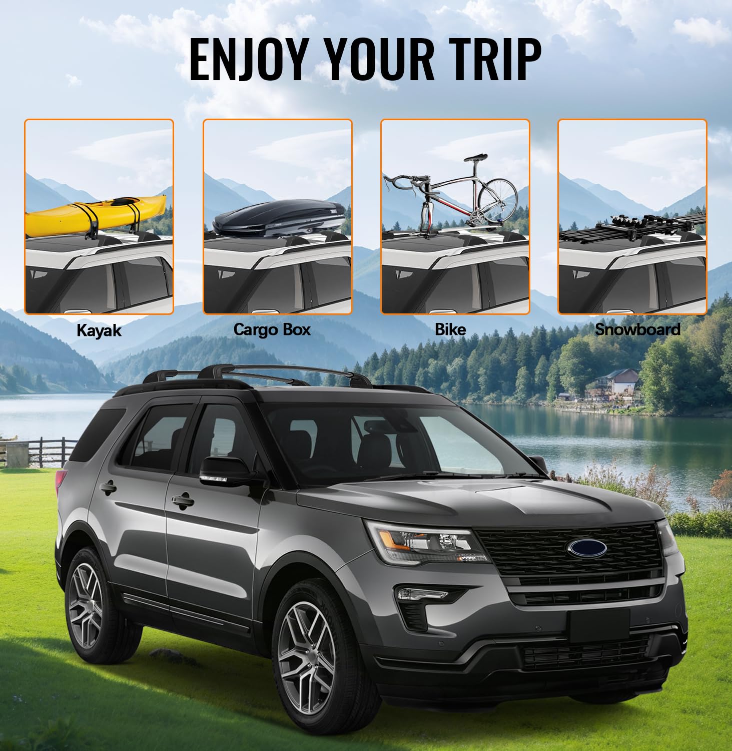 Premium Roof Rack Cross Bars for Ford Explorer 2016-2019 (Limited/XLT/Sport/Platinum) - Lockable Side Rail Mounting System for Cargo Carrier, Luggage, Kayak, Canoe, Bike & Snowboard - Perfect for Road Trips, Camping & Outdoor Adventures